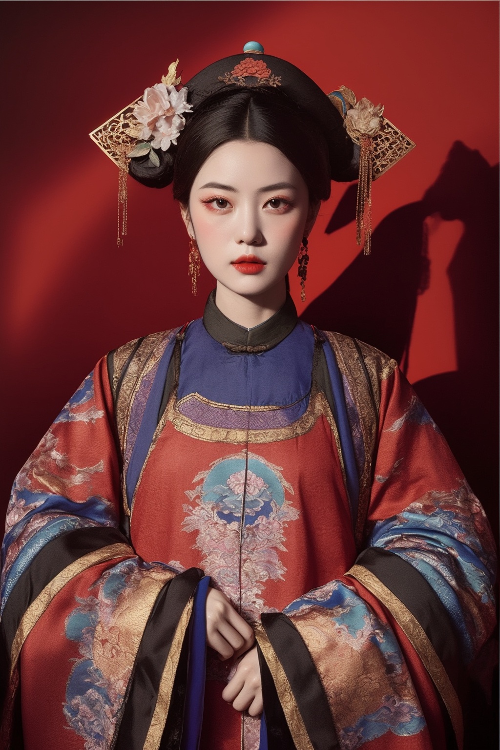 <lora:贵妃:0.8>,best quality,masterpiece,women of the qing dynasty in china,red background,message,