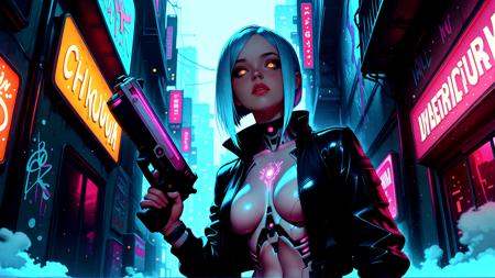 high_quality, highres, detailed, masterpiece, best quality, absurdres, dynamic angle, dynamic pose, Enchanting Eyes,  solo, 1girl, cyberpunk, head to hips view, crouching in neon-lit alley, glowing tattoos on collarbone and neck, chrome cybernetic implants along jaw and temples, sharp glowing eyes with HUD overlays, short asymmetrical haircut with colored highlights, lips painted deep violet, synthetic leather jacket with glowing seams, exposed circuitry beneath skin along shoulder and ribs, smoke and rain reflecting neon signs, background of flickering billboards, graffiti-covered walls, electric haze in the air, holding cyberpunk pistol in one hand, calm, calculating, dangerous beauty, futuristic urban atmosphere, high detail, cinematic style, digital rebellion and neon grit <lora:rdtdrp:1> <lora:SLE_v2:0.2> <lora:EnchantingEyesIllustrious:0.95>