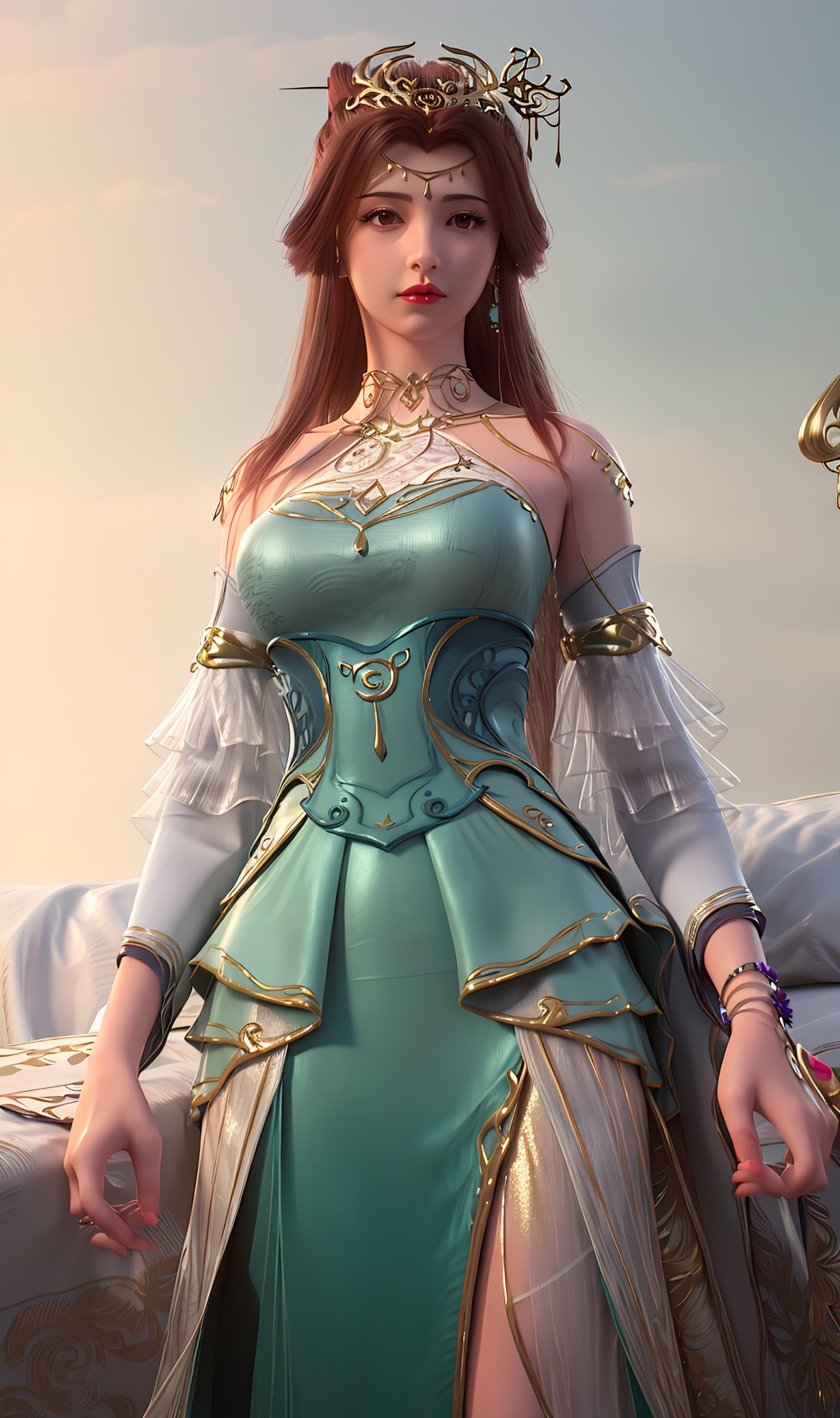 3D,masterpiece,(best quality),(makeup),official art, extremely detailed cg 8k wallpaper,((crystalstexture skin)), (extremely delicate and beautiful),(highly detailed),(face),(headgear),(tassel),(1girl), (solo), (jewelry), (earrings),(brown_hair),(long_hair),(hair_ornament),(handwear),(breasts),(standing),,(detached_sleeves),(bare_shoulders),,((upper_body)),(dress),(multicolored_clothes),(multicolored_dress),(closed_mouth),(traditional_clothes),(long_dress),(long_skirt),(gold_trim),(shorts),(shiny_clothes),(sunshine, outdoor,bed),((looking_at_viewer)),((Facing the camera)), , <lora:hipoly3DModelLora_v10:0.3>