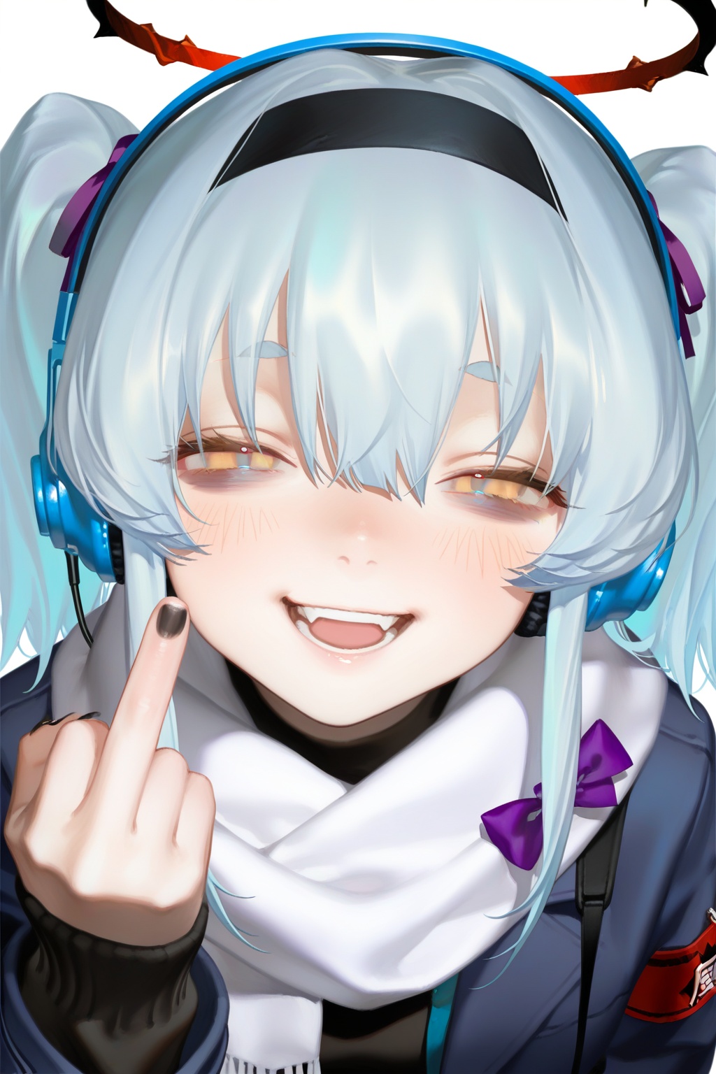 highres,absurdres,Visual impact,masterpiece,best quality,very aesthetic,amazing quality,newest,very awa,<lora:Face-Style:1>,(face focus:1.5)，1girl,solo,hair between eyes,medium hair,twintails,light blue hair,long sidelocks,gradient eyes,yellow eyes,(orange eyes:0.8),bags under eyes,tareme,half closed eyes,short eyebrows,Black nails,(Black headband:1.1),(purple bow hair tie:1.1),1girl,solo,long hair,looking at viewer,blush,smile,open mouth,bangs,blue eyes,simple background,black hair,long sleeves,white background,hair between eyes,jacket,upper body,scarf,halo,blue jacket,armband,white scarf,blue headphones,black halo,thorns halo,middle finger,evil smile,evil grin,red crack halo,