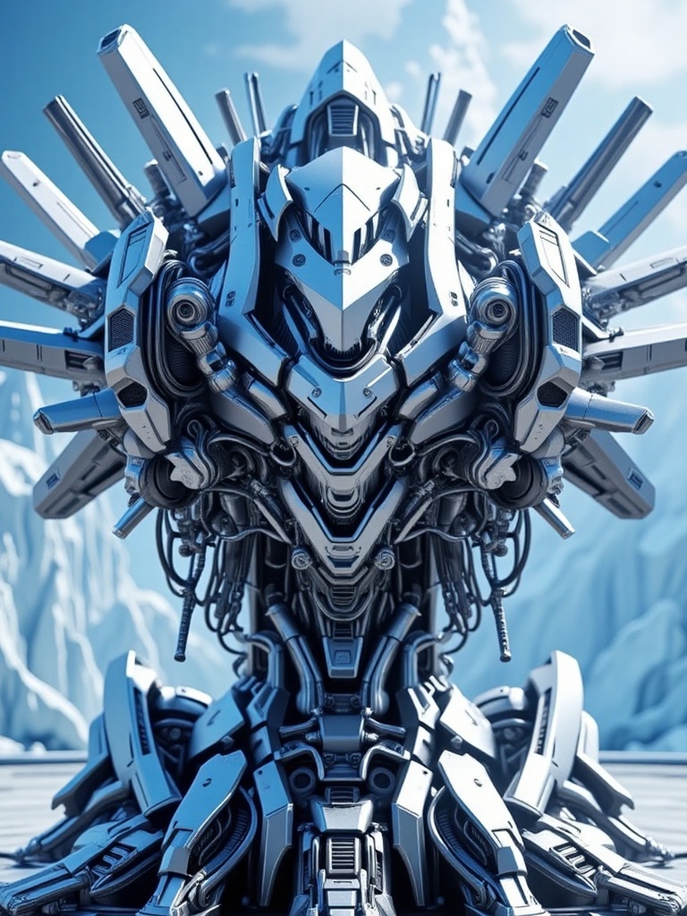 mecha,scene composed of machinery,An icy blue background,a massive mechanical lotus,three-dimensional lighting and shadows,3D rendering,exquisite details,combination of mechanical structures,future technology,a scene composed of machinery,a clean scene,steel texture,metallic feel,an image entirely composed of mechanical elements.,