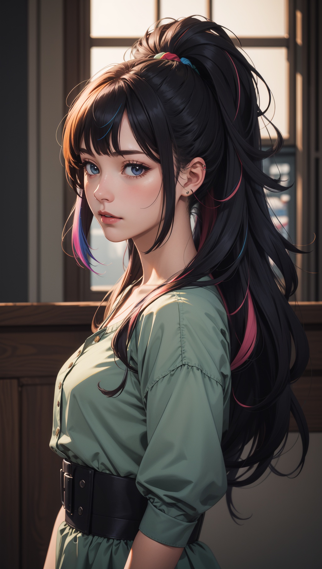 girl with really wild hair,  mane,  multicolored hairlighting on Tensor.Art
