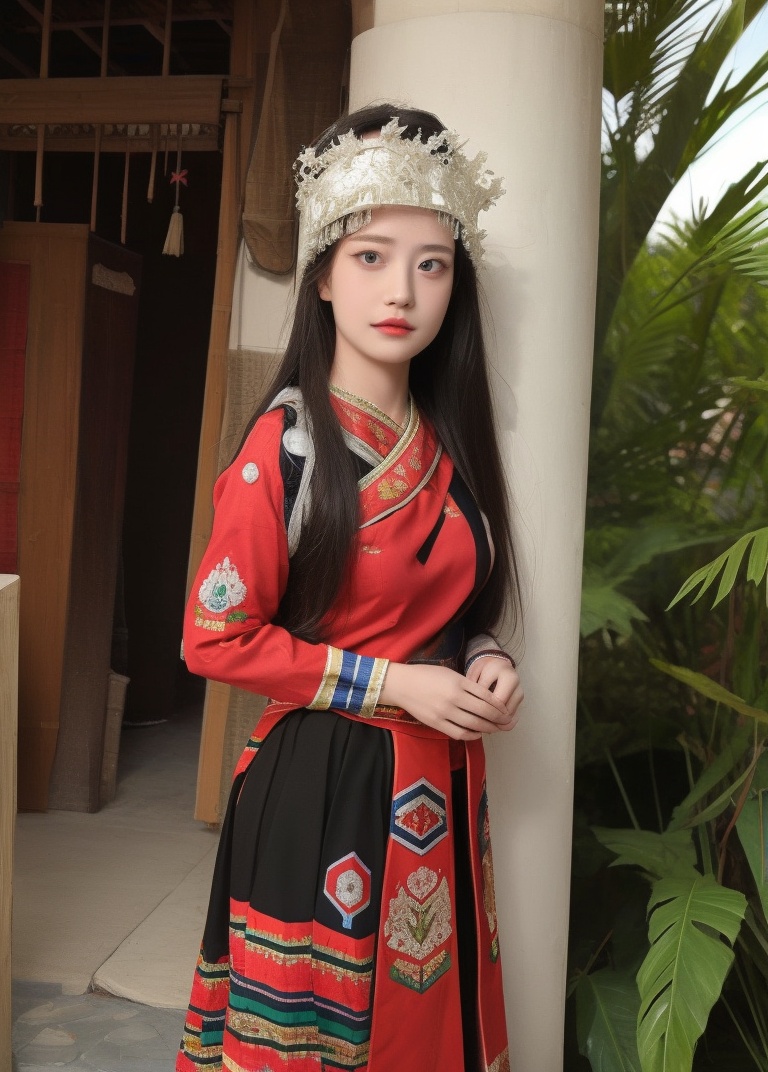 (masterpiece, best quality:1.4),finely detailed,1girl,solo,standing,dress,ethnic attire,hat,jewelry,skirt,outdoors,beach,palm_tree,<lora:海南黎苗族少女黎夏01 :0.8>,