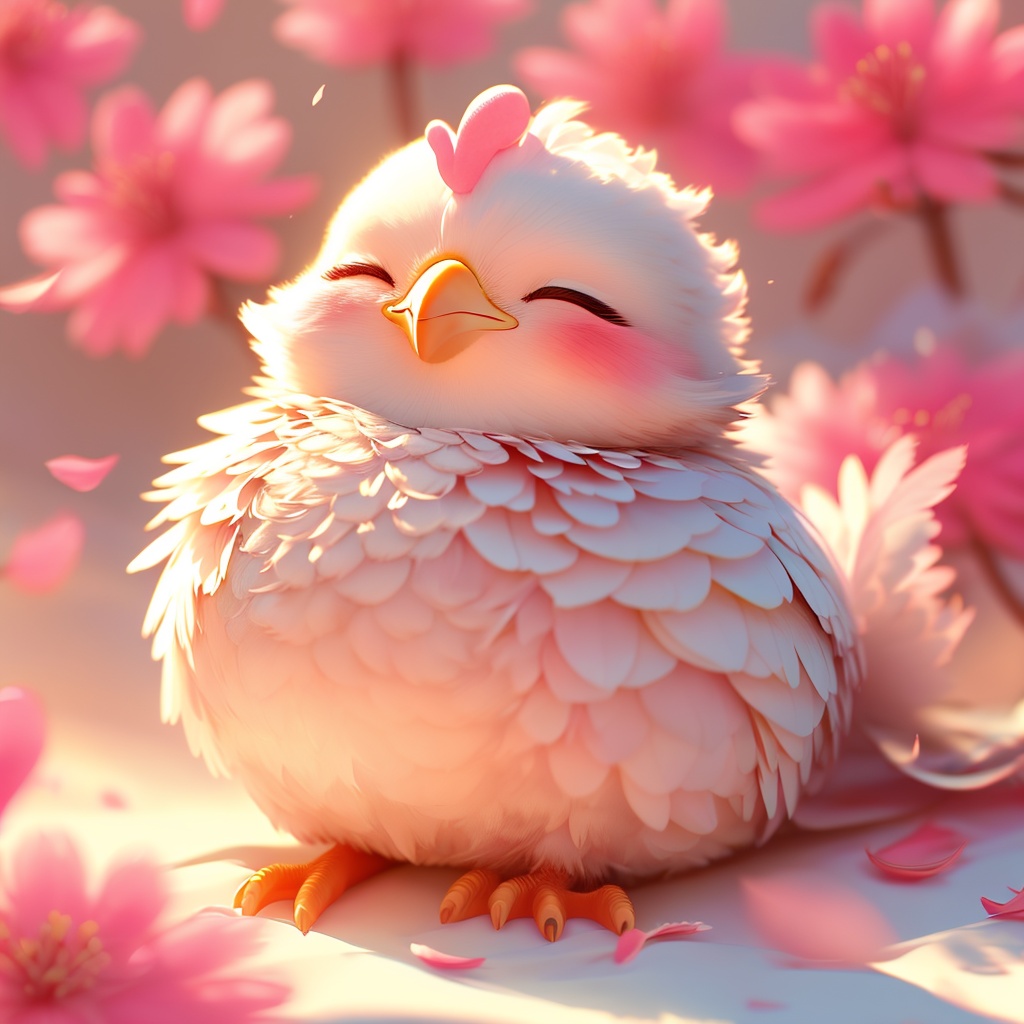 youji,chicken,fluffy,sunlight,light particles,^ ^,whiskers,cute,cc-color-correction,mf-movie-filter,warm colors,whimsy and dramatic lighting,white fur,soft lighting,chicken focus,no humans,closed eyes,petals,bird,blush,blurry,blurry background,cherry blossoms,pokemon \(creature\),full body,closed mouth,feathers,sitting,depth of field,<lora:youji_v1:0.8>,
