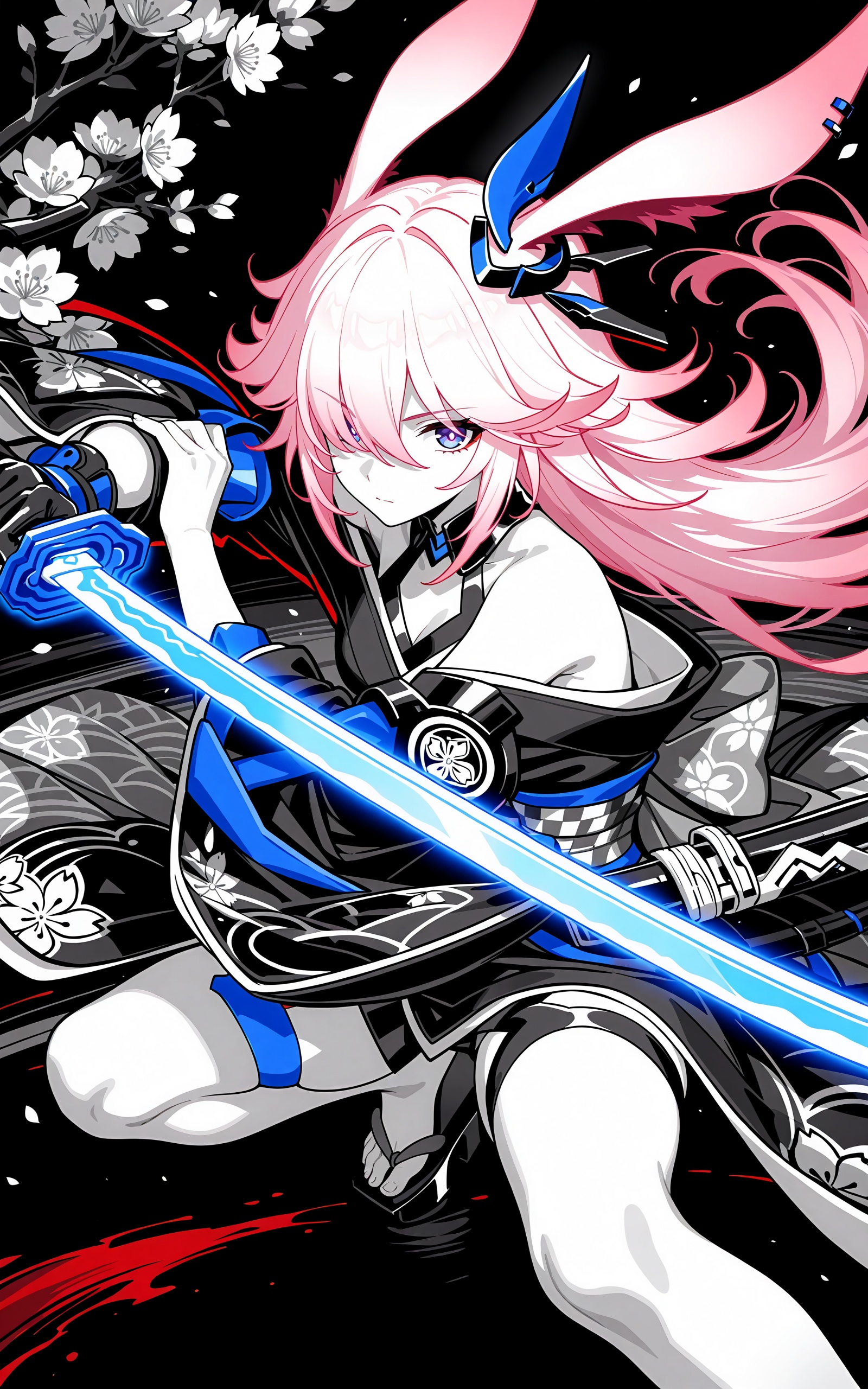 masterpiece,best quality,amazing quality,very aesthetic,absurdres,ink \(medium\),greyscale,monochrome,weapon,sword,solo,katana,holding,holding weapon,holding sword,spot color,fighting stance,looking at viewer,two-handed,glowing,sheath,hair over one eye,monochrome,scabbard,yae sakura \(goushinnso memento\),honkai \(series\),1girl,fox ears,purple eyes,hair between eyes,blue eyes,pink hair,long hair,blue kimono,bare shoulders,katana,