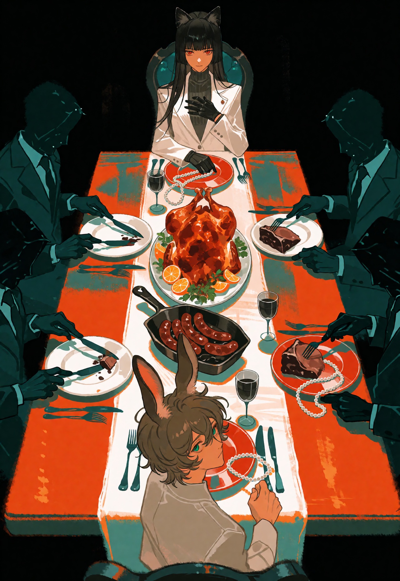 Unsettling,  psychological-thriller illustration captured from a stark bird's-eye perspective,  rendered with bold on Tens...