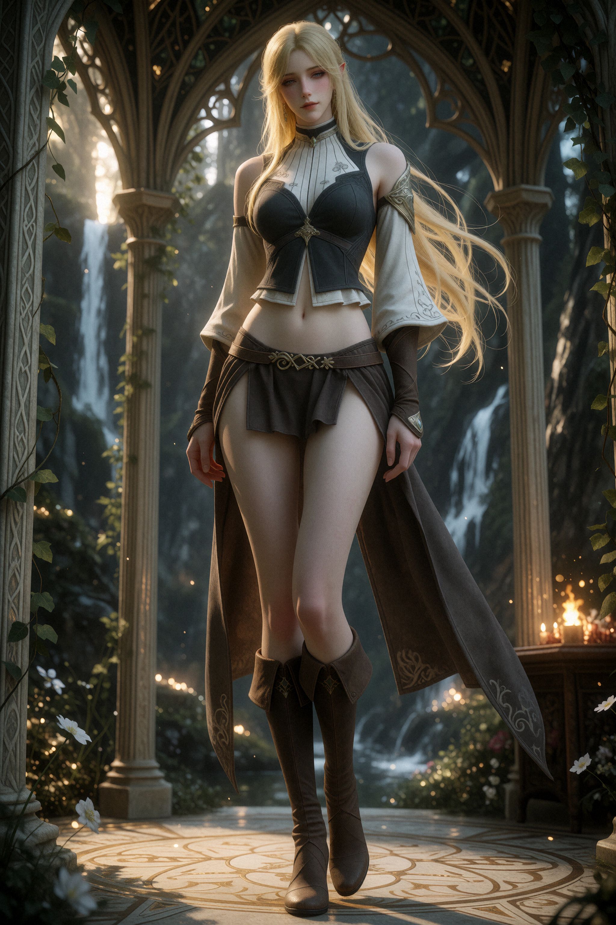 A photograph of Female Elf wearing a blouse,  low waist skirt and brown high heel leather boots standing on the floor of e...