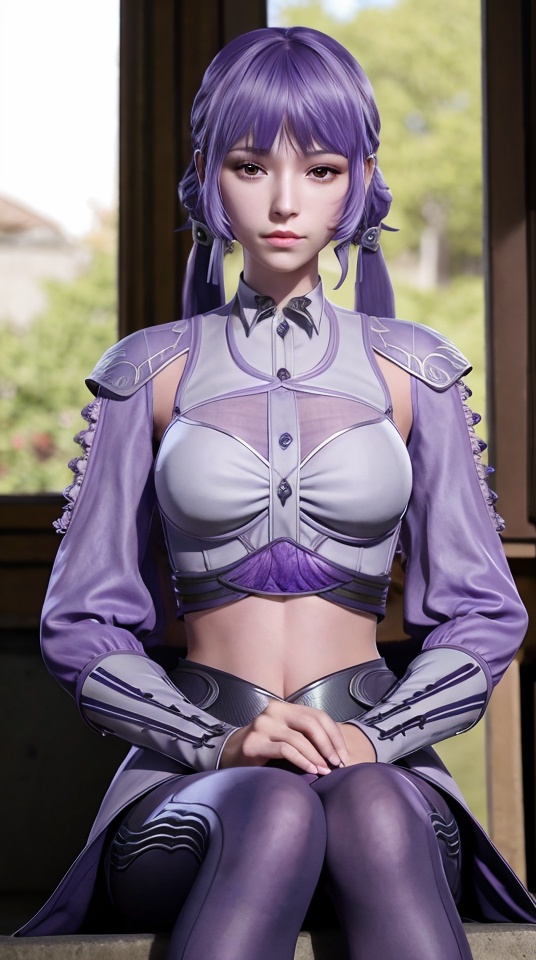 1girl,blurry background,breasts,depth of field,detached sleeves,lips,long sleeves,looking at viewer,medium breasts,midriff,navel,photo \(medium\),purple hair,realistic,short hair,sitting,solo,,<lora:75ad986ed10c3333a5e63e61a5765f1c292d46a84f8577c485d8ef9f56e7dd1c:0.6>