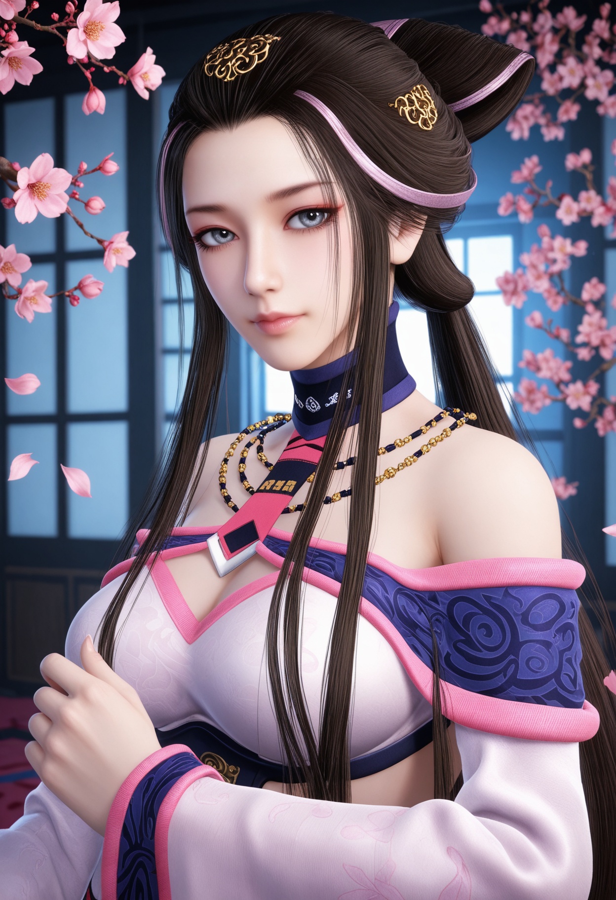 (upper_body:1.2),(looking at viewer:1.1),masterpiece,(best quality),smog,Dark room,dim lighting,peach blossom,falling petals,<lora:YQ_Illustrious光辉v5_湘夫人_V1:0.8>,q1528437228,1girl,solo,long hair,black hair,jewelry,bare shoulders,necklace,hair ornament,brown hair,dress,sidelocks,wide sleeves,long sleeves,choker,hair bun,brown eyes,detached sleeves,grey eyes,blue eyes,