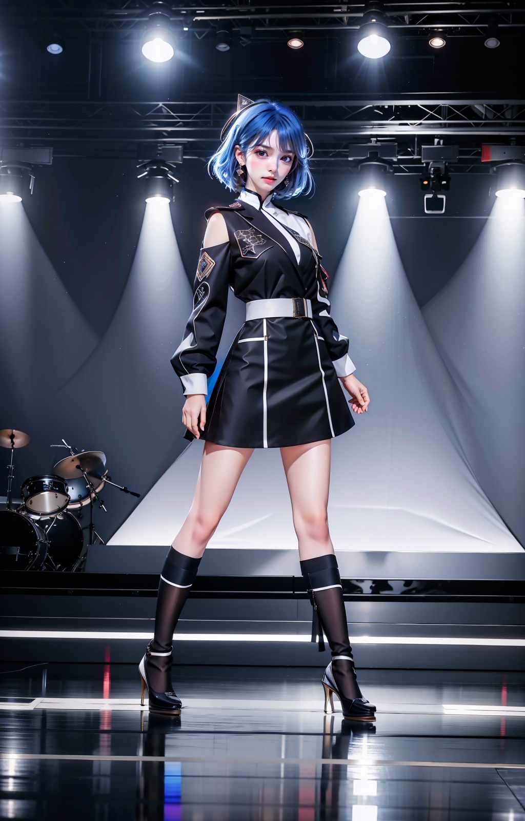 a woman with blue hair and a black and white outfit on a runway with lights behind her and a spotlight behind her,Ayami Kojima,fashion,a statue,bauhaus,absurdres,highres,wallpaper,colorful,thick eyebrows,pupils,bright_pupils,makeup,eyeshadow,lipstick,long_eyelashes,mascara,face_focus,eyes_focus,front view,looking_at_viewer,<lora:王者荣耀-镜:0.9>,(Full body position),