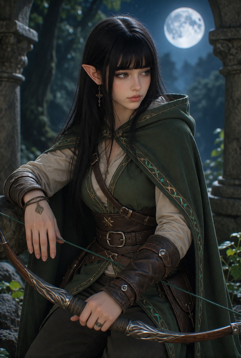 NylaX,  long straight black hair with blunt bangs,  . A photorealistic photo of a 22-year-old ***** woman in a stone court...
