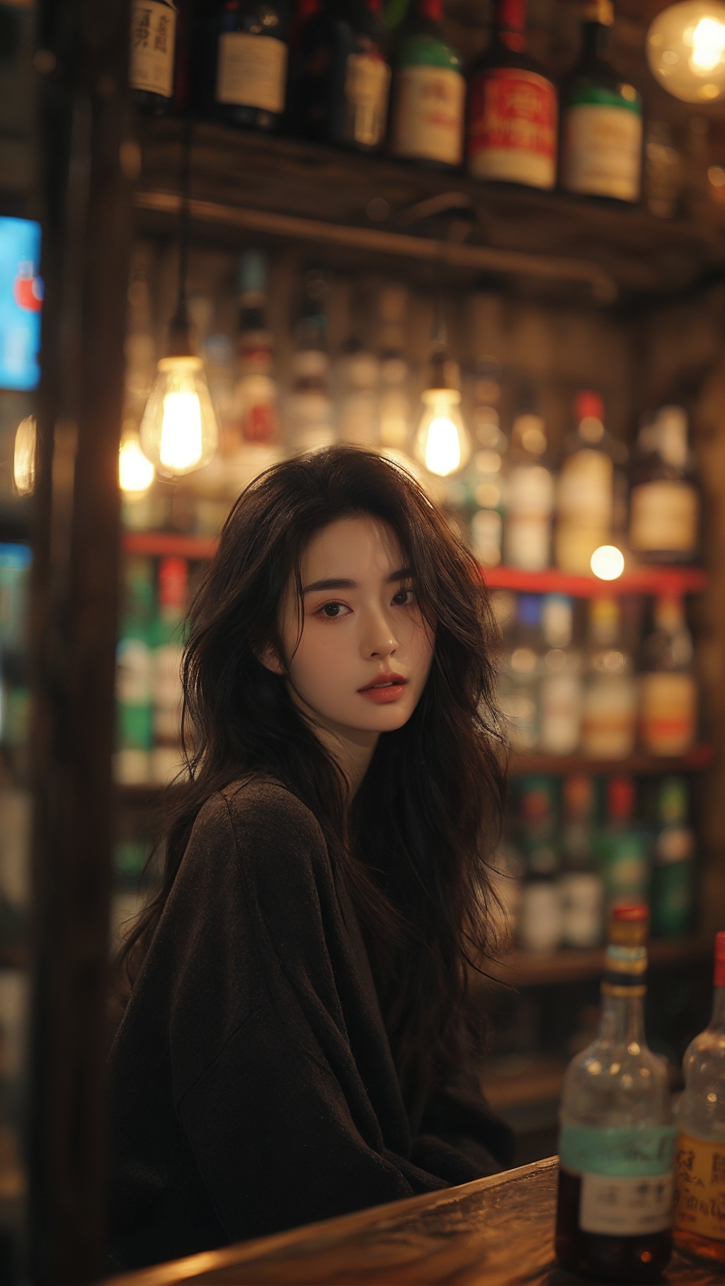 sdmai, fanhua, 1girl, solo, long hair, looking at viewer, realistic, blurry, bottle, lips, depth of field, alcohol, parted lips, brown hair, bokeh, black hair <lora:SDMAI繁花肖像写真fanhua:0.8>