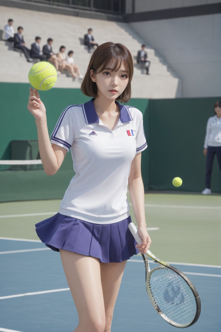 1 girl,solo,korean_text,clear skin texture,colorful,masterpiece,best quality,absurdres,medium breasts,full_shot,tennis_uniform,