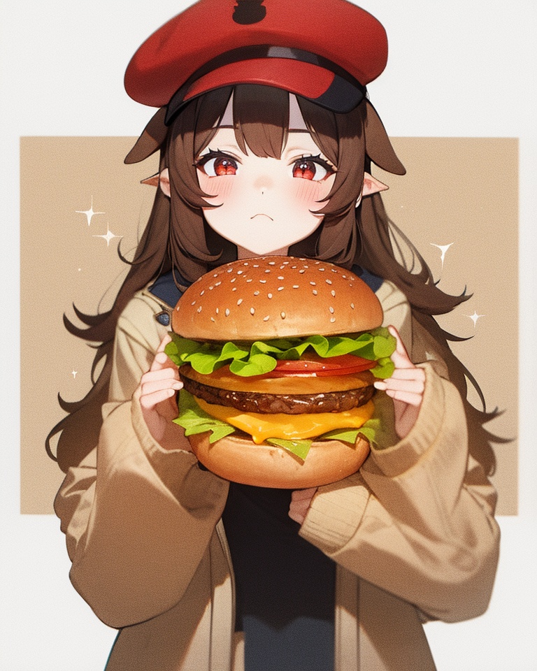 1girl, food, burger, solo, ceobe \(arknights\), holding, animal ears, +_+, holding food, sparkle, red eyes, dog ears, eating, long hair, sparkling eyes, brown hair, tomato, white headwear, ears through headwear, long sleeves, hat, simple background, upper body, jacket, dog girl, lettuce, blush, official alternate costume, cheese, looking at food