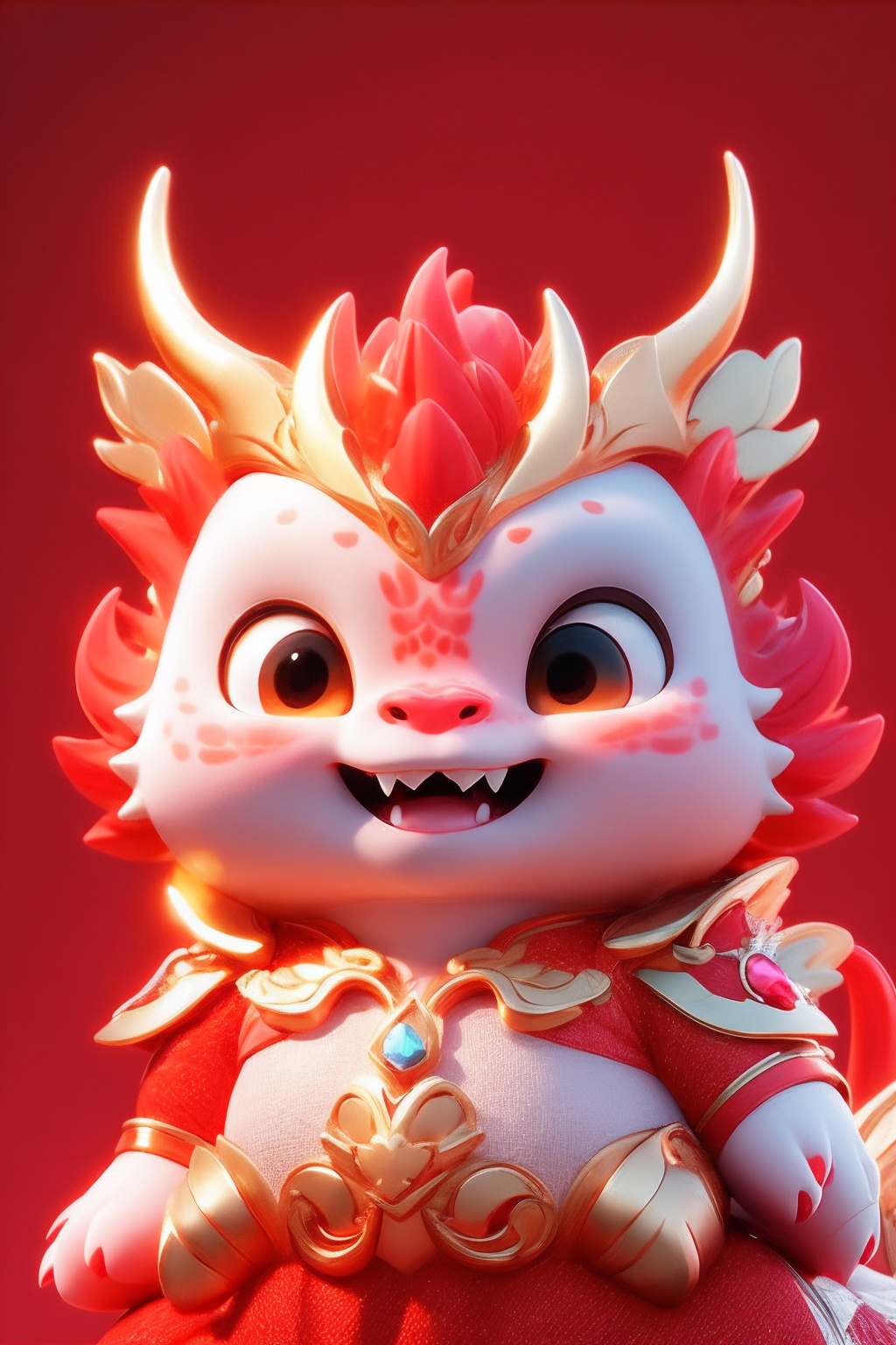 a cute pink and white pet,scale,cloud mass,red theme,<lora:Dragon Baby_20231209214719-000009:0.8>,((masterpiece)),rich details,extremely exquisite,claw,head gemstone,red background,fangs,complex background,