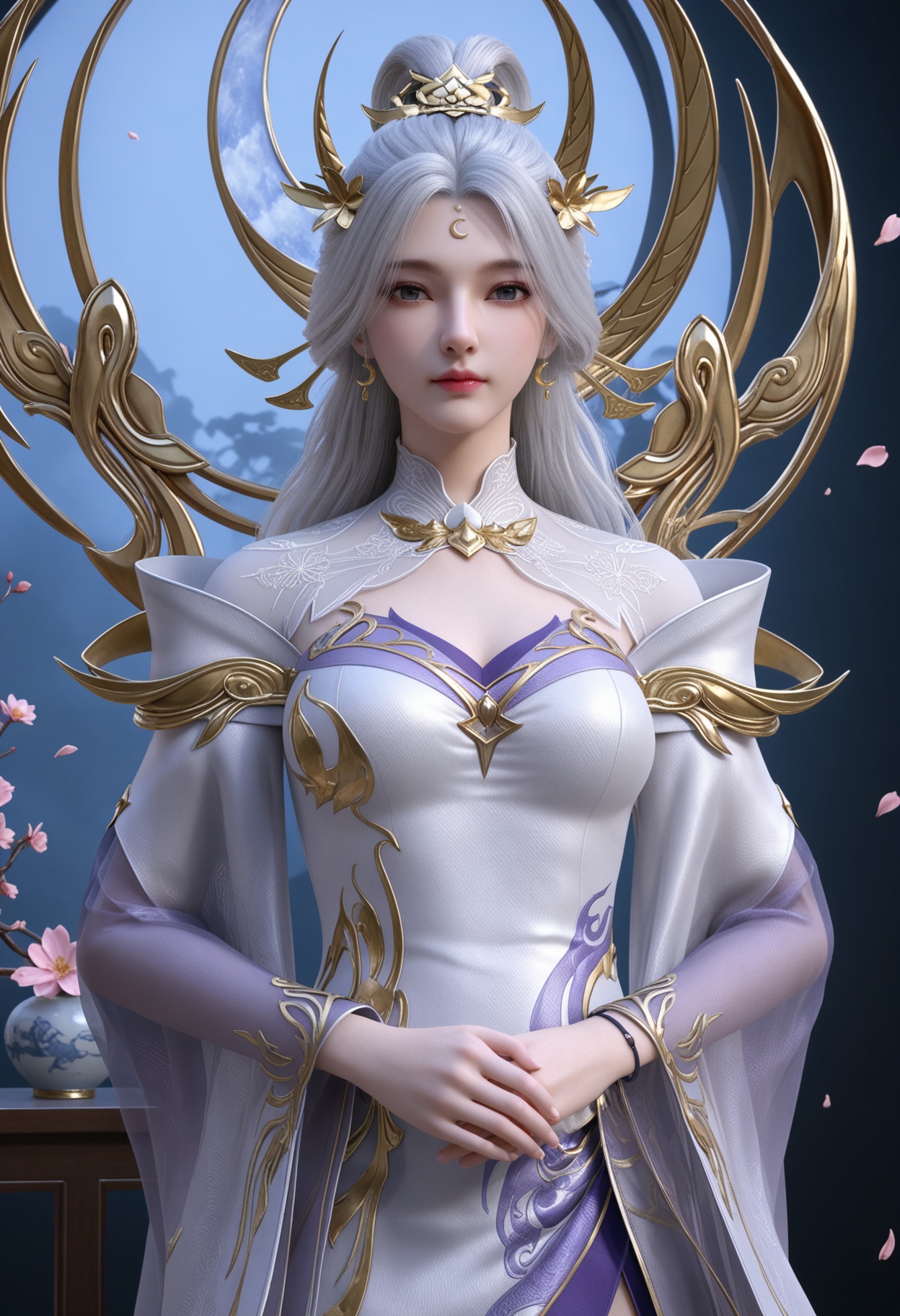 (upper_body:1.2),(looking at viewer:1.1),masterpiece,(best quality),smog,Dark room,dim lighting,peach blossom,falling petals,<lora:YQ_Illustrious光辉v5_月神_仙武传_V1:0.8>,q1528437228,1girl,solo,long hair,hair ornament,jewelry,white hair,forehead mark,earrings,dress,white dress,blue eyes,grey hair,crescent earrings,long sleeves,grey eyes,high heels,white footwear,hair bun,flower,wide sleeves,pantyhose,shoes,bracelet,side slit,