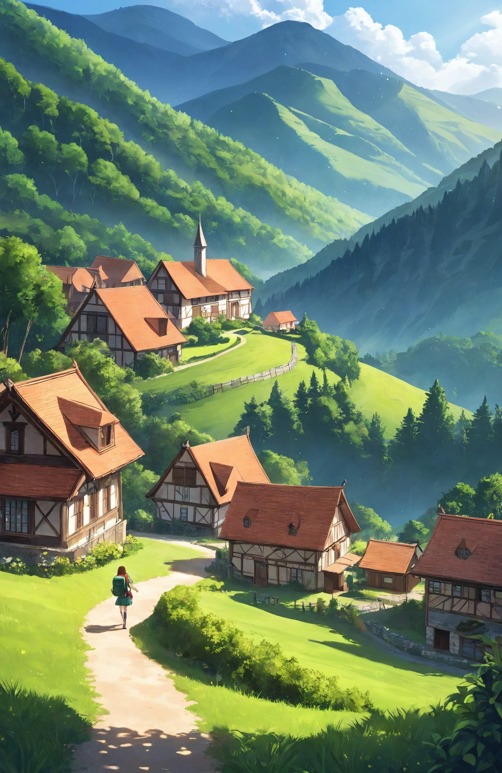 "Wanderlust, a girl with a backpack exploring a serene, sunlit mountain village, vibrant green forests, and quaint cottages in the distance."