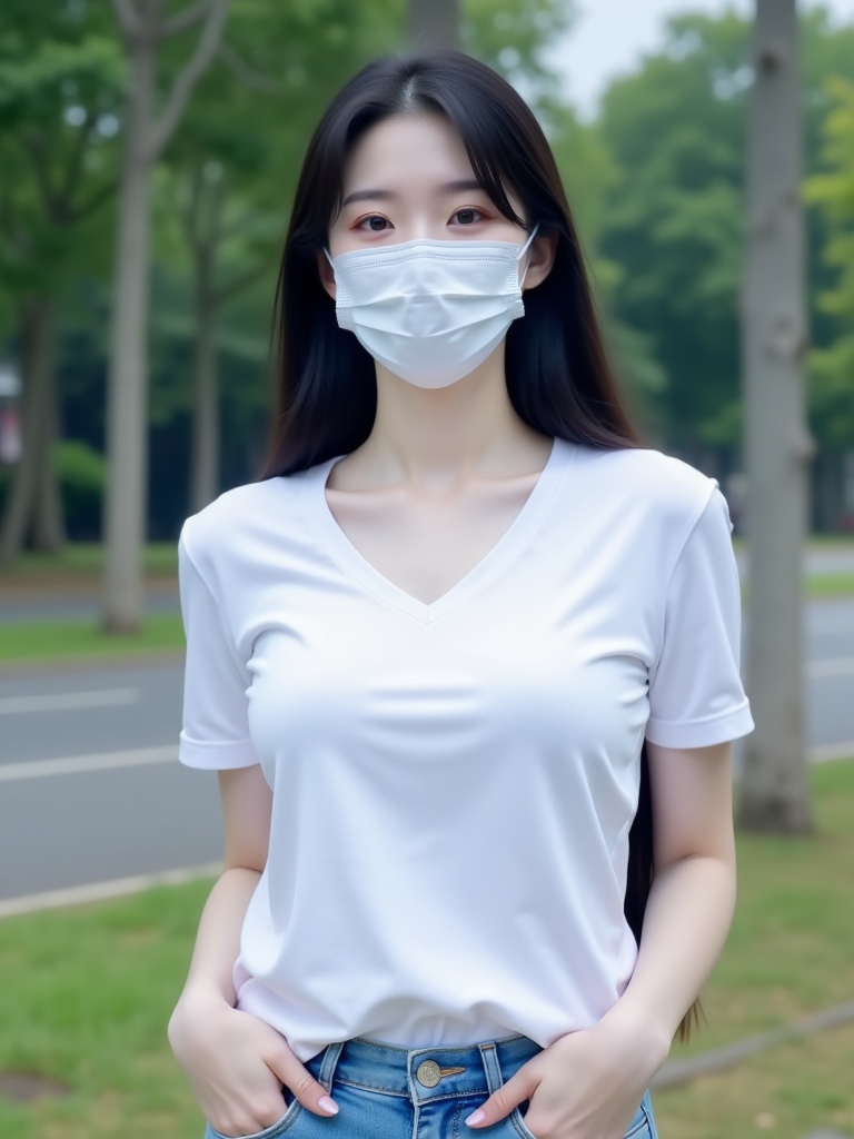 wear mask,A long black hair Asian woman wearing a mask,Pair a white T-shirt with light blue jeans and tuck the T-shirt into your pants,blur background,park,cleavage,