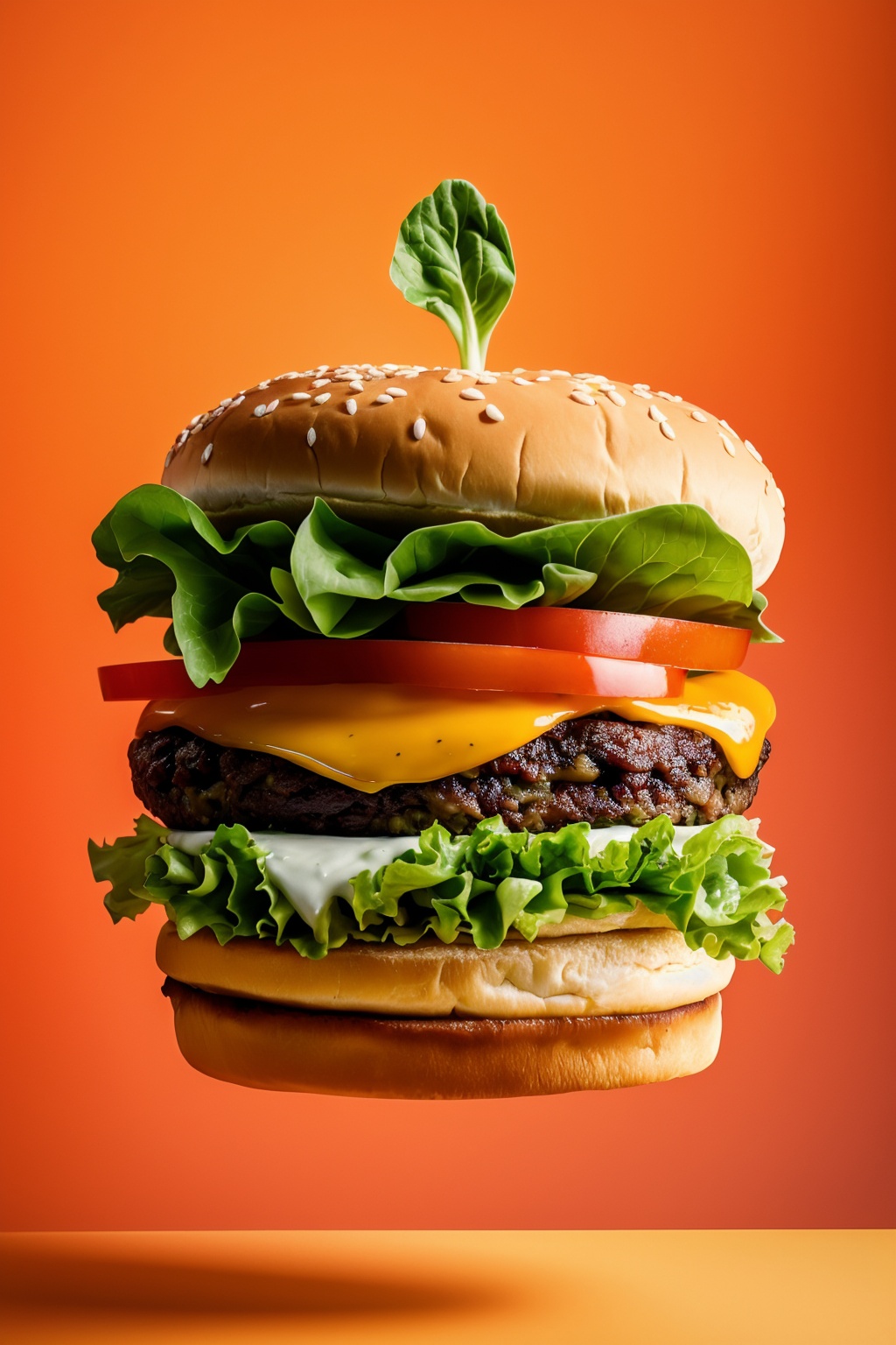 Food photography,a vibrant and dynamic hamburger against an orange backdrop. The burger is layered with fresh ingredients such as lettuce,tomatoes,cheese,and onions. There are floating elements like lettuce,and cucumber slices,giving a sense of movement and freshness. The overall ambiance is lively,(capturing the essence of a delicious meal in mid-air:1.3),, masterpiece,best quality,