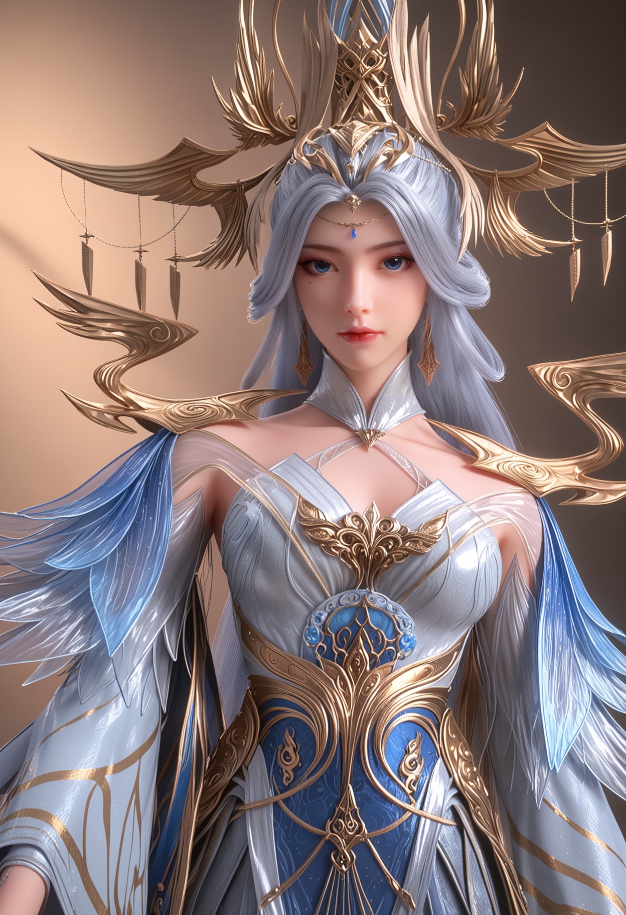 score_9,high detail,best quality,cinematic lighting,volumetric lighting,shiny skin,shiny,1girl,solo,blue eyes,white_hair,long hair,blue dress,hair ornament,jewelry,white background,earrings,mole under eye,dress,breasts,simple background,closed mouth,makeup,long sleeves,looking at viewer,cowboy_shot,<lora:QQSponyningyudiedujieV1:0.8>,<lora:Pony_DetailV2.0:0.8>,<lora:皮肤凹痕:0.1>,