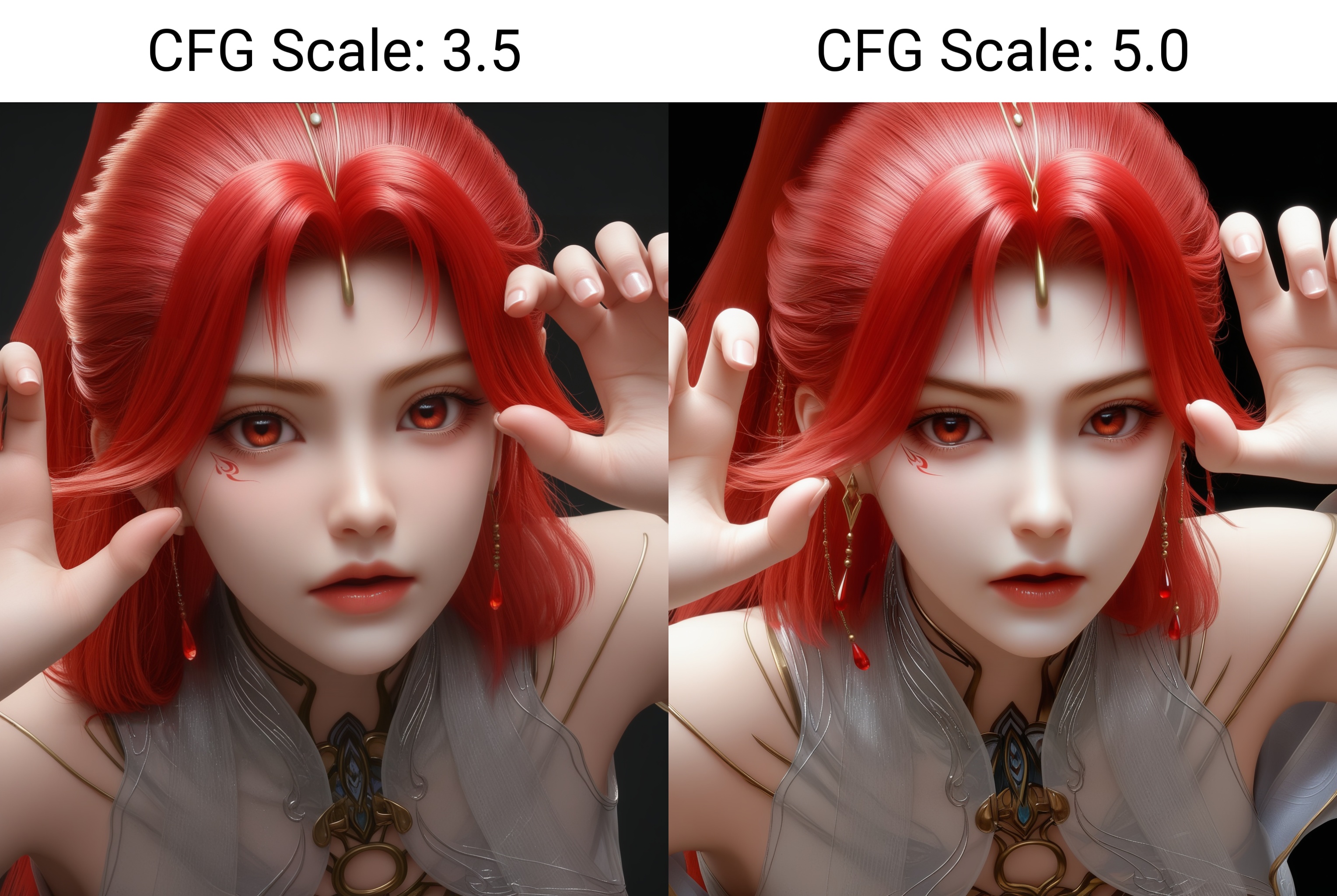 masterpiece,best quality,absurdres,highres,1girl,solo,<lora:火允儿-ill:0.83>,huoyuner,red hair,long hair,high ponytail,makeup,BREAKcollarbone,sheer overlay,bare shoulders,sheer collar,high collar,jewelry,hair ornament,dangling earrings,red gemstone,forehead decoration,detached sleeves,fantasy dress,looking at viewer,front view,claw_pose,BREAK(white_skin:1.1),(fair_skin:1.1),realistic,simple background,black background,