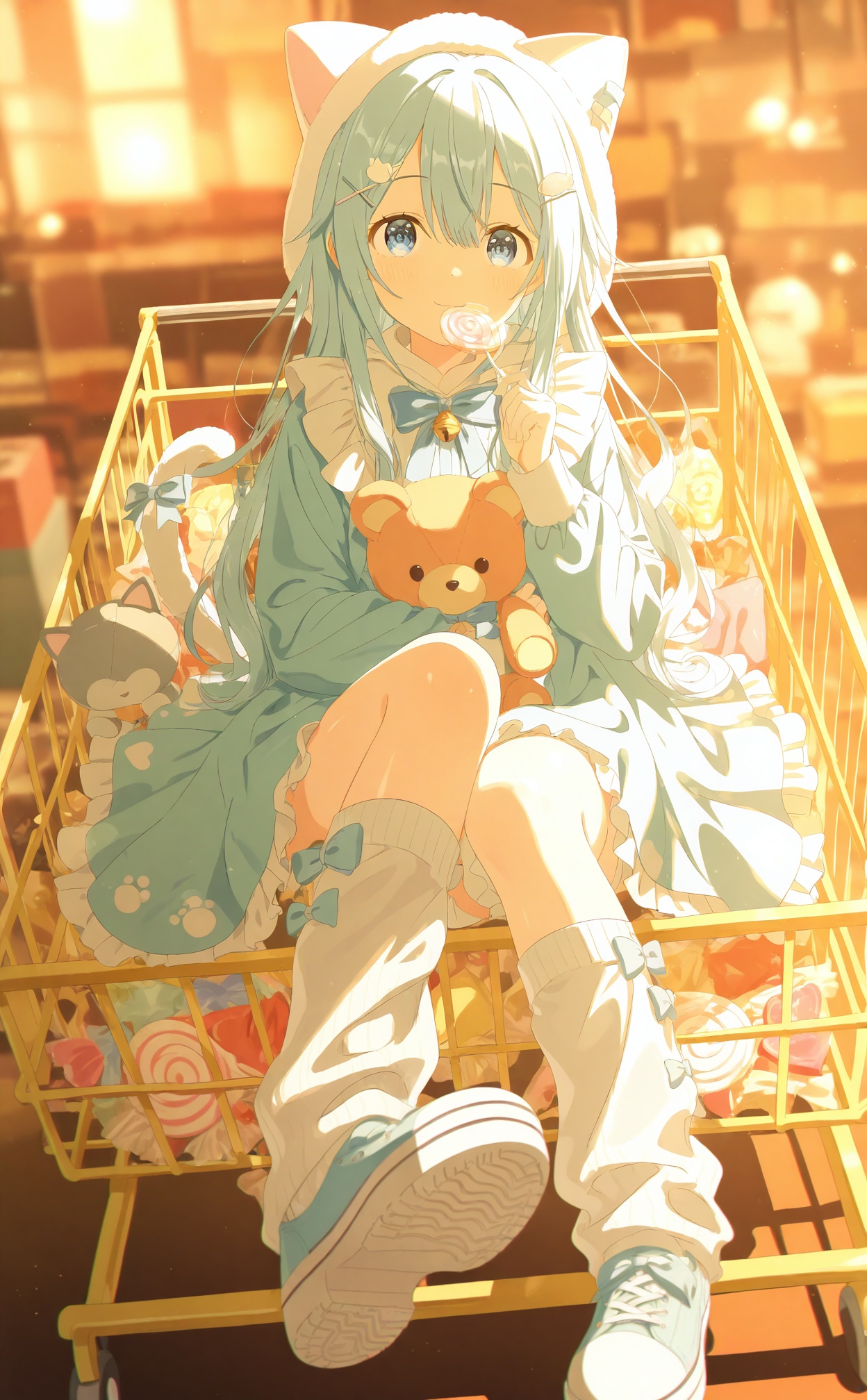 masterpiece,very aware,highres,absurdres,newest,best quality,loli,petite,high quality,chromatic_aberration,cinematic_angle,dutch angle,//,1girl,shopping cart,stuffed toy,candy,wing hair ornament,stuffed animal,lollipop,thighhighs,food,blue eyes,holding,holding stuffed toy,white thighhighs,holding lollipop,solo,blue hair,holding food,bell,animal ears,holding candy,looking at viewer,eyepatch,hair ornament,cat ears,neck bell,stuffed cat,dress,long sleeves,frills,blush,bow,swirl lollipop,bowtie,shoes,loose socks,long hair,cat tail,tail,hair between eyes,hairclip,:3,jingle bell,blue footwear,closed mouth,blue dress,smile,teddy bear,blue bow,heart,sneakers,blue theme,x hair ornament,fish hair ornament,fake animal ears,leg warmers,sleeves past wrists,blue bowtie,hood,box,pastel colors,sitting,cat hood,frilled dress,double-parted bangs,//,official art,depth of field,detailed light,blurry background,best shadow,shiny skin,cinematic lighting,ray tracing,amazing quality,very aesthetic,absurdres,beast quality,ultra detailed,newest,8K,HDR,//,<lora:BA2——【Illustrious】hans:0.4>,<lora:chahua——【noob】hans:0.8>,