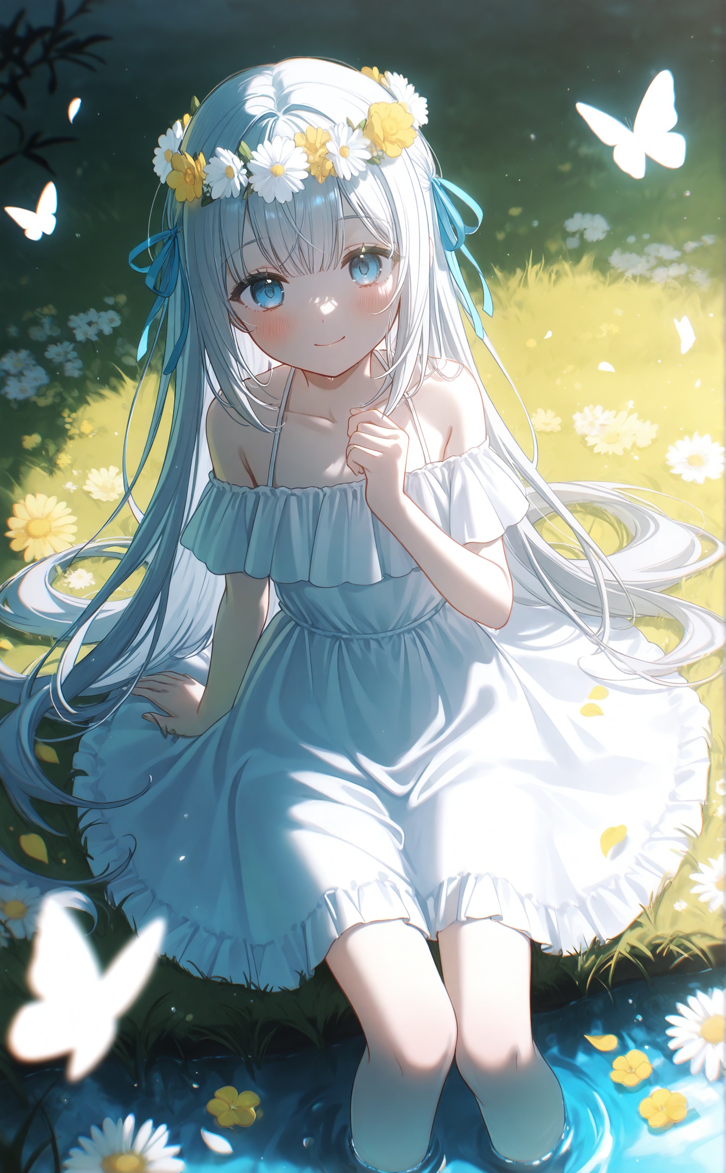 masterpiece,very aware,highres,absurdres,newest,best quality,loli,petite,high quality,chromatic_aberration,cinematic_angle,dutch angle,night,//,umehara,konya karasue,//,1girl,bug,butterfly,solo,long hair,blue eyes,head wreath,smile,white hair,dress,looking at viewer,flower wreath,ribbon,water,sitting,flower,outdoors,grass,blue ribbon,white dress,hair ribbon,blush,off shoulder,day,closed mouth,on grass,yellow flower,off-shoulder dress,bare shoulders,virtual youtuber,petals,white flower,very long hair,yellow butterfly,collarbone,soaking feet,sundress,arm support,grey hair,spaghetti strap,hand up,white butterfly,