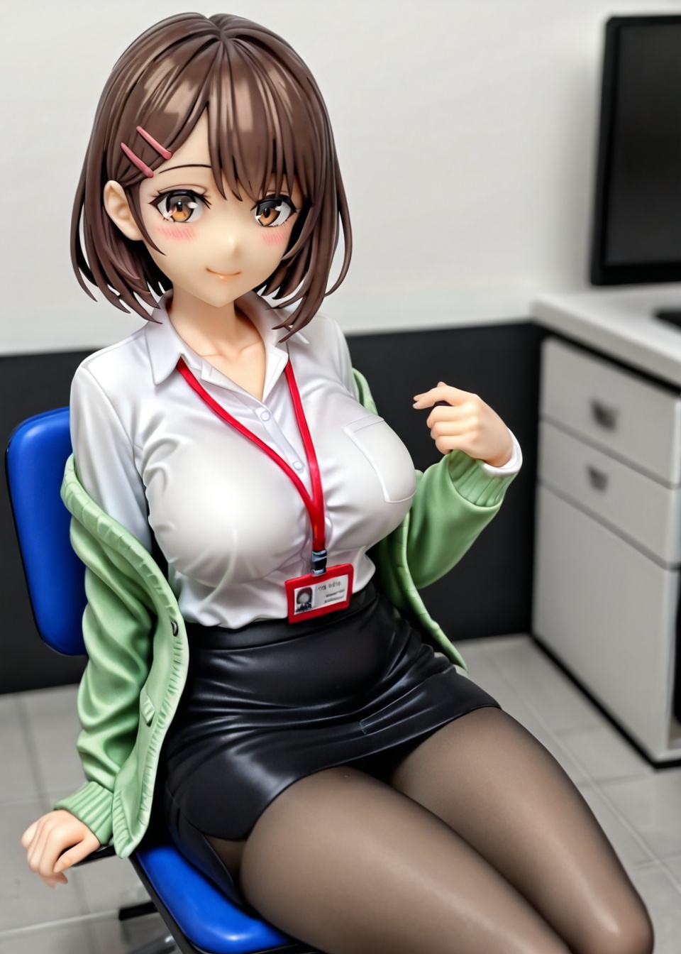 1girl, breasts, pantyhose, solo, office lady, sitting, large breasts, lanyard, skirt, id card, looking at viewer, brown hair, shirt, green cardigan, smile, white shirt, blush, collared shirt, black skirt, black pantyhose, hair ornament, cardigan, hairclip, closed mouth, indoors, long sleeves, collarbone, short hair, chair