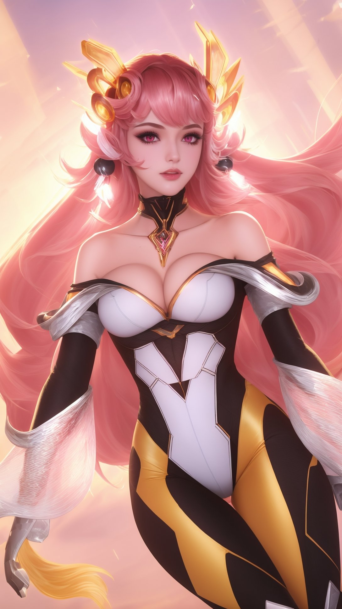 (1girl),smooth chin,masterpiece,detailed face,((hair ornament:1.6)),top quality,4k,make up,best quality,(detached sleeves),(medium breasts),blush,body blush,<lora:王者虞姬无限倾慕_v1.0:0.9>,(full body,long legs),black gloves,full bvody highleg leotard,yellow pants,white see-through sleeves,white mixed black edge clothes,(white bra),pink eyes,bare shoulders,headgear,