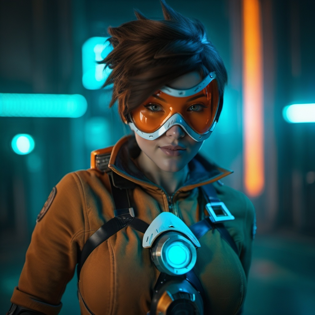 cinematic photo a woman with an orange glassmask in a futuristic cyberpunk background,  neon lights . 35mm photograph,  fi...