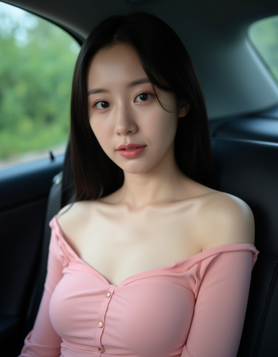 The photograph captures a young Asian woman with long black hair, sitting in the backseat of a car. She has a slender build, fair skin, and delicate features. She is wearing a pink, off-shoulder top, which she has pulled down to expose one of her breasts. The nipple is visible, and she has a small areola. Her expression is neutral, and she gazes directly at the camera. The car's interior is modern, with dark leather seats and a window showing a blurred, green outdoor scene. The overall mood is intimate and casual.