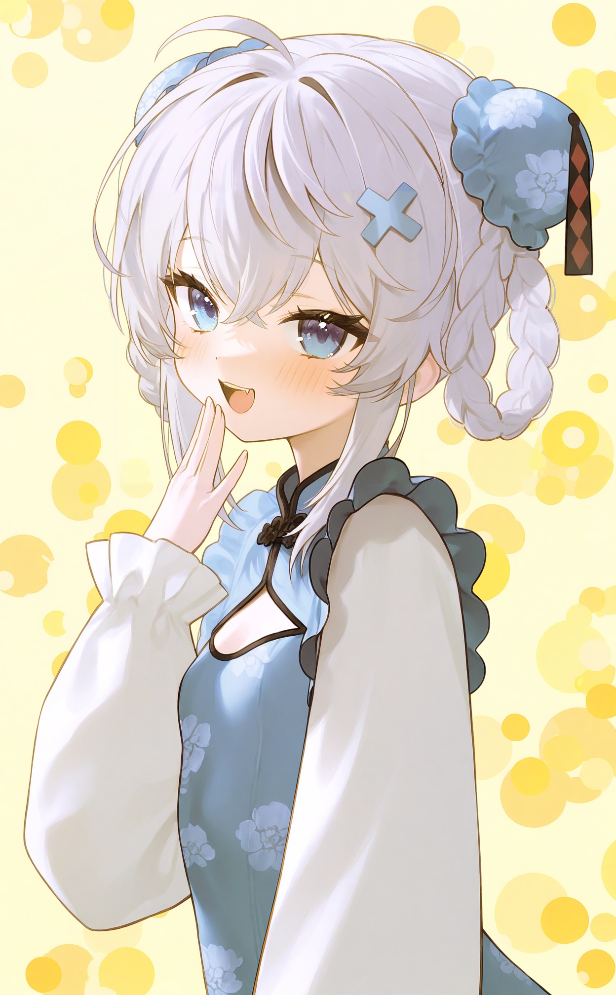 masterpiece,absurdres,best quality,loli,petite,high quality,//,1girl,solo,virtual_youtuber,bun_cover,x_hair_ornament,blue_eyes,hair_ornament,blush,braided_hair_rings,open_mouth,looking_at_viewer,long_sleeves,dress,chinese_clothes,hair_rings,smile,hair_bun,upper_body,braid,sidelocks,china_dress,blue_dress,white_hair,upper_teeth_only,double_bun,hand_to_own_mouth,hand_up,teeth,fang,frilled_sleeves,hair_between_eyes,ahoge,frills,small_breasts,:d,grey_hair,puffy_sleeves,from_side,cross_hair_ornament,breasts,twin_braids,yellow_background,crossed_bangs,floral_print,//,<lora:FymriE——【noob】hans:1>,