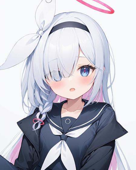 plana \(blue archive\),1girl, solo, halo, white_background, looking_at_viewer, simple_background, braid, upper_body, hair_over_one_eye, white_neckerchief, black_sailor_collar, hair_ribbon, open_mouth, black_jacket, collarbone, black_hairband, blush, black_serafuku, signature, black_shirt<lora:plana_(blue_archive)_image5824_2023-12-03-000009:1>halo. gorgeous,key visual, vibrant, studio anime,award-winning, professional, highly detailed,high budget, cinemascope