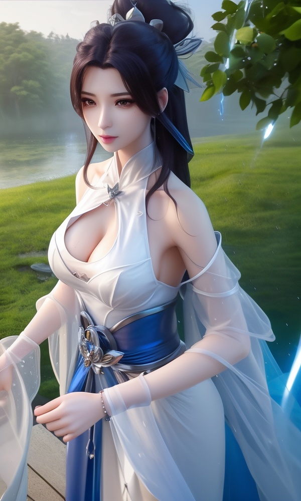 (,1girl, ,best quality, ),looking at viewer, <lora:403-DA-武动乾坤-绫清竹-新模V2:0.8> ,, ,masterpiece, (( , )),,ultra realistic 8k cg, ,tamari \(flawless\),     ,building, bare_shoulders,cleavage cutout, eyelashes,magic,hydrokinesis,sweat, wet, rain, ,       (()), (), 