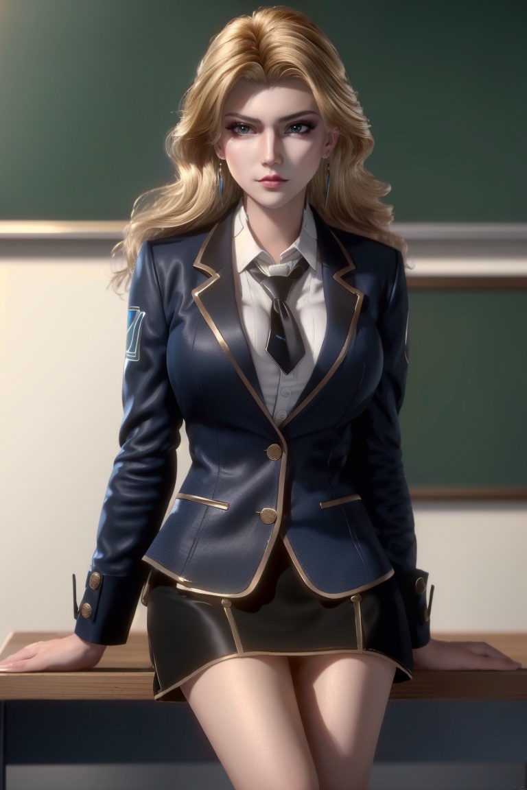 ((HRD, HUD, 8K)),((masterpiece, best quality)), highly detailed,1girl, solo, long hair, blonde hair, blue eyes, makeup, lips, earrings, (t-shirt:1.2), (blazer:1.2), shorts, black pantyhose, simple background, blurry background, classroom, chalkboard, sitting, cowboy shot, looking at viewer, <lora:吞噬星空维妮娜·波莱纳斯_v1.0-0008:0.7>