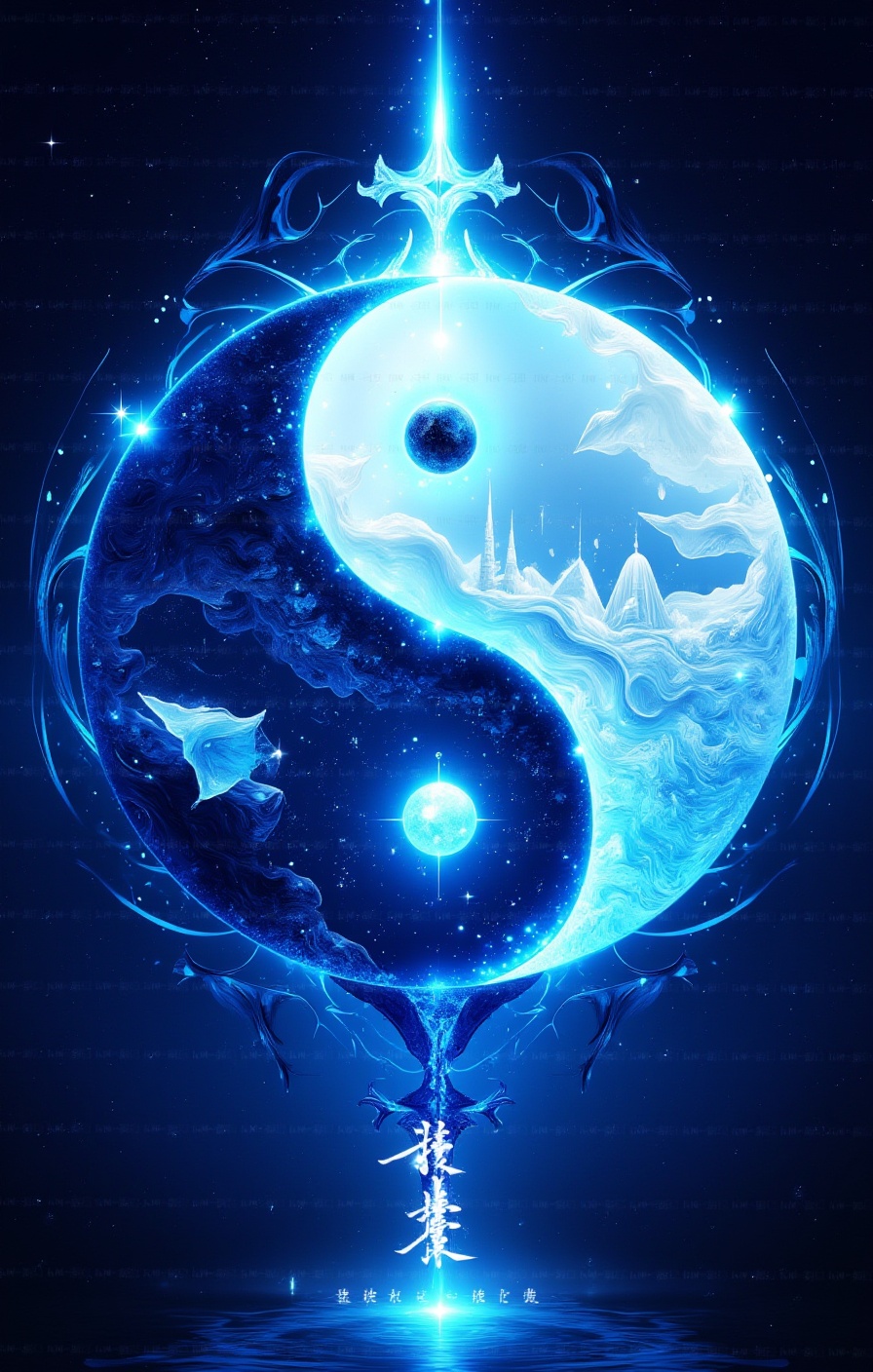 masterpiece,best quality,yin yang concept,beautiful detailed glow,detailed ice,beautiful detailed water, (floating palaces:1.3),(((ice crystal texture wings))),<lora:太极(2):1>