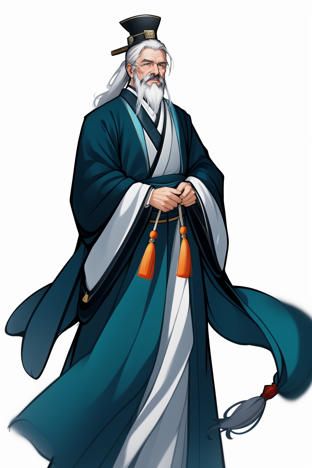 <lora:20250501_AgainGameCharacterLora:1>, 1boy, male focus, beard, facial hair, old man, solo, old, white background, chinese clothes, white hair, mustache, wide sleeves, hanfu, simple background, long sleeves, long hair, hat, standing, looking at viewer, ponytail, mature male, feet out of frame, grey hair, tassel, own hands together