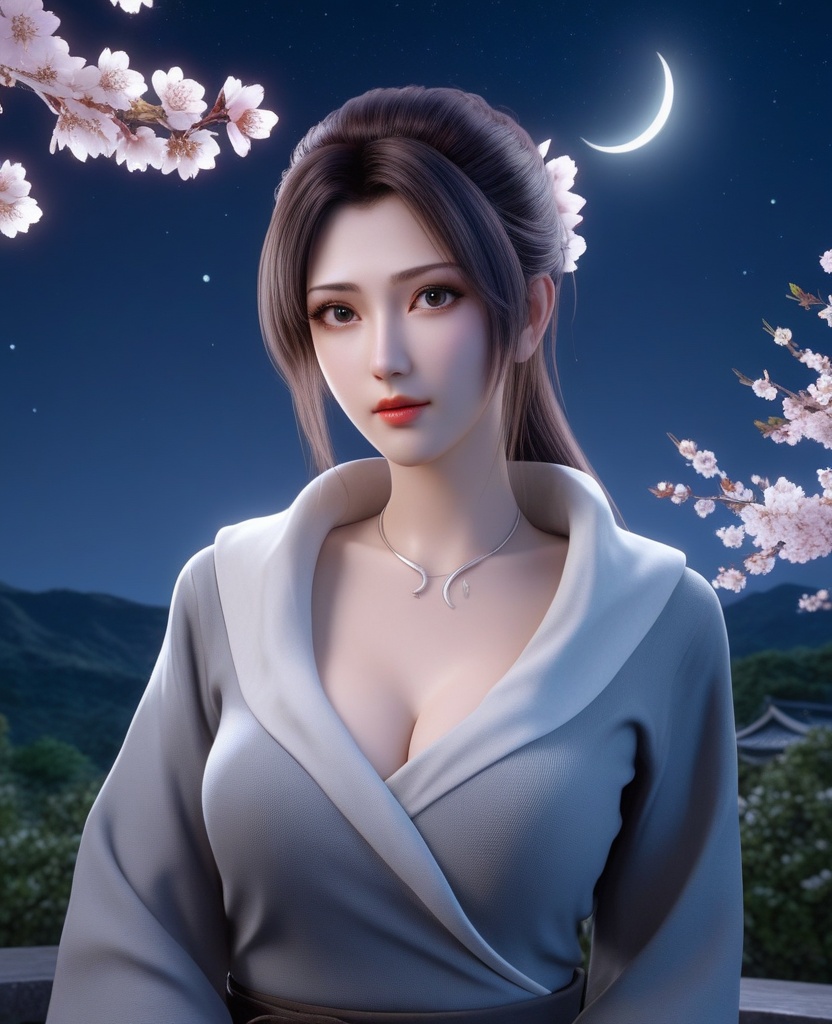 <lora:577-DA-XL-斗破苍穹-云韵-黑服:0.8>(,1girl, ,best quality, ),looking at viewer,masterpiece,(( , )),, realistic,science fiction,mole,,ultra realistic 8k cg,     ,cherry blossoms,,night, night sky, crescent moon, moonlight,,(facing viewer, looking at viewer, , ),  (cleavage), (),