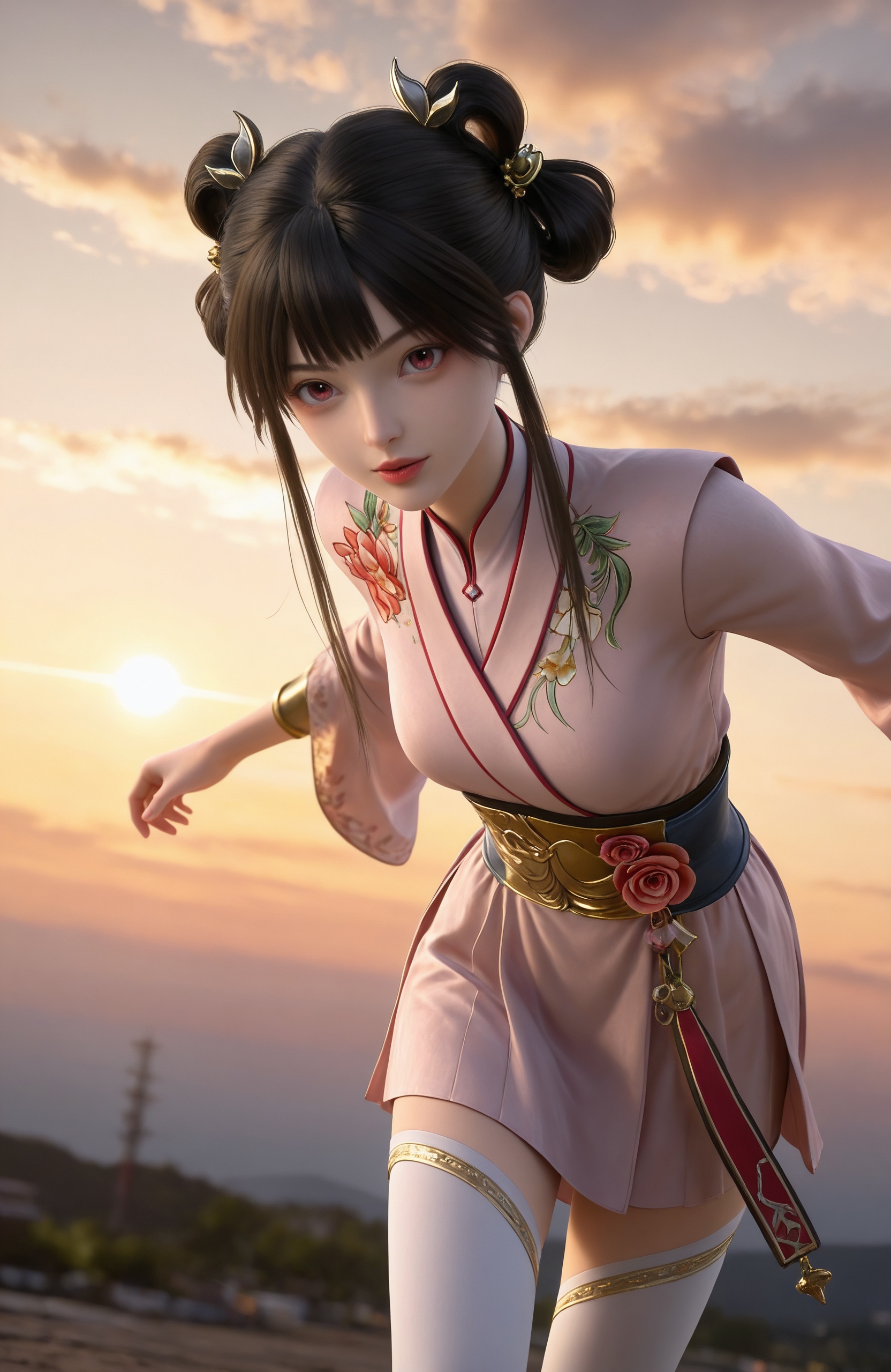 realistic style photo,outstanding style,Use soft lighting to cast gentle shadows on the subject,adding a touch of dimension to your images without compromising details,whirls of vapor,(Anime:1.1),soft neon light,ethereal ambiance,delicate details,magical atmosphere,concept art,highly detailed,ultra-high resolution,32K UHD,sharp focus,best-quality,masterpiece,golden hour,unconventional supreme masterpiece,masterful details,temperate atmosphere,with a high-end texture,in the style of fashion photography,magazine style,Dynamic Angle,Dynamic posture,magazine style,Dynamic Angle,Dynamic posture,(cowboy_shot:1.2),eye trail,depth of field,cinematic lighting,lens flare,close-up,extreme aesthetic,(wlop:0.6),(honjou raita,lack,rella,wanke:0.5),masterpiece,best quality,good quality,newest,year 2025,very aesthetic,absurdres,Visual impact,A shot with tension,ultra-high resolution,32K UHD,sharp focus,best-quality,masterpiece,Emotionalization,unconventional supreme masterpiece,masterful details,temperate atmosphere,with a high-end texture,in the style of fashion photography,(Visual impact:1.2),giving the poster a dynamic and visually striking appearance, <lora:九阳武神-小月IL:0.7> 1girl, black hair, hair ornament, hair rings, hair bun, chinese clothes, long sleeves, white thighhighs, pink dress, double bun, boots, sash, realistic style,white background,upper body,looking at viewer,dynamic posture,