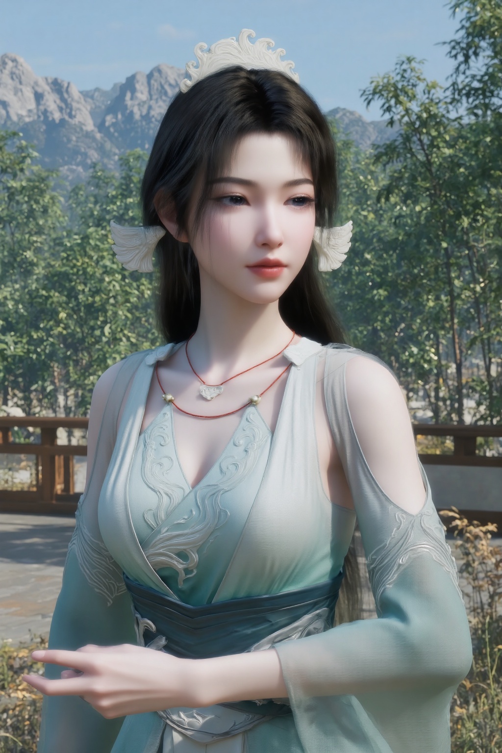 A highly detailed CGI rendering of a beautiful,fair-skinned woman with long,dark hair adorned with a white flower. She wears a flowing,light blue,sleeveless dress with intricate patterns and a white floral crown. The background features lush greenery and a mountainous landscape under a clear blue sky.,masterpiece,best_quality,ultra-detailed,soft lighting,ethereal atmosphere,delicate composition,natural textures,minimalist aesthetic,serene mood,polished photography,high-resolution clarity,harmonious tones,elegant posing,intimate ambiance,refined details,balanced framing,photorealistic rendering,soothing color palette.,