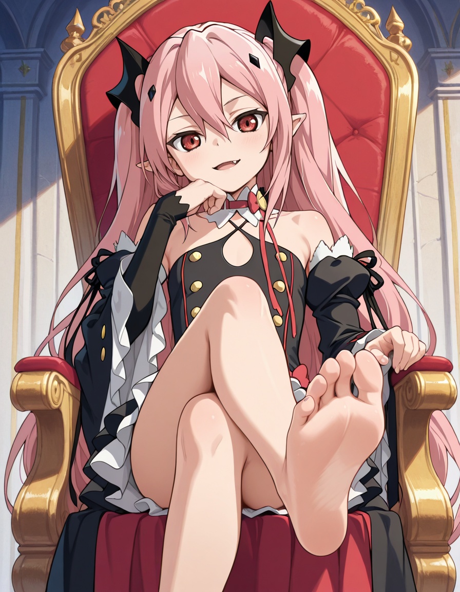 masterpiece, best quality, amazing quality,1girl, indoors, throne, crossed legs, light smile, hand under own chin, solo, looking at viewer, sitting, open mouth, fang, <lora:krul_tepes-owari_no_seraph_s2-ixl-anime-soralz:1>, krul tepes (owari no seraph), long hair, pink hair, two side up, hair between eyes, sidelocks, red eyes, pointy ears, hair ornament, vampire, choker, red bow, ribbon, criss-cross halter, black dress, frilled dress, detached sleeves, arm warmers, wide sleeves, foot focus, unworn boots