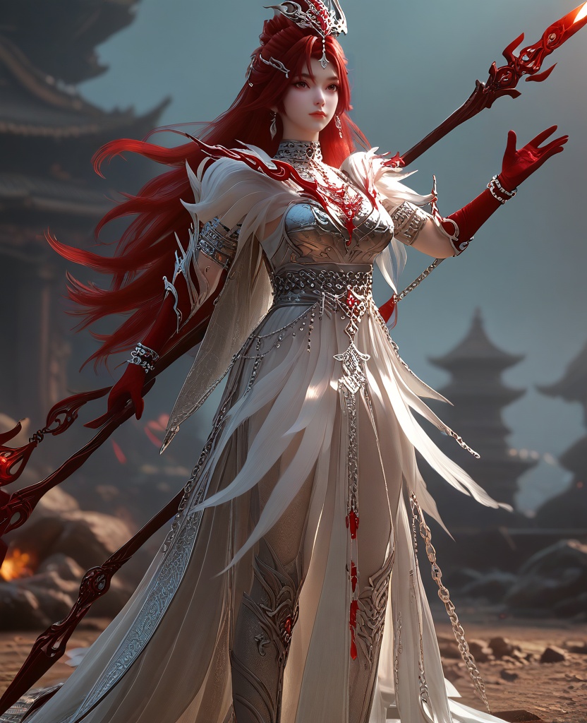 (She stands with her hands on her hips, exuding confidence.:1.1),looking at viewer,(large breasts:1.2),<lora:XL16云深不知梦炽阳华明白色甲胄:0.95>,female paladin,white peplum dress,red hair,very long hair,hair ornament,hair bun,single earring,jewelry,boobplate,red gloves,sash,bracelet,silvery leggings,boots,holding spear,chain,, score_9,score_8_up,score_7_up,score_6_up,score_5_up,score_4_up,3d rendering,tag1,tag2, Cinematic Lighting,backlighting,