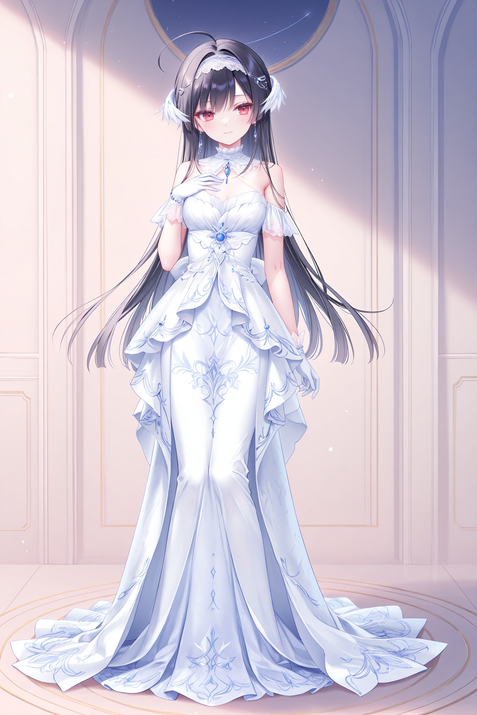 masterpiece,best quality,newest,absurdres,highres,soft shadows,year2024,(chen bin:0.7),(hiten \(hitenkei\):0.4),(rimuu:0.5),(mignon:0.5),(sheya:0.6),<lora:miaXLNAI-000010:1>,mianonomiya,1girl,ahoge,frilled hairband,black hair,long hair,red eyes,light smile,<lora:nightowlXLNAI:1>,nightowl,white dress,long dress,jewelry,hair ornament,elboww gloves,full body,standing,hand on own chest,arm at side,
