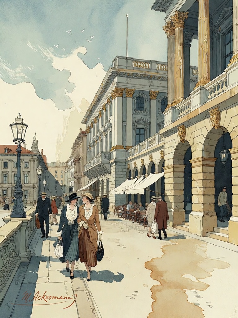 Bradhamel art style. A watercolor painting of a sunlit European city street in the early 20th century,  featuring grand cl...