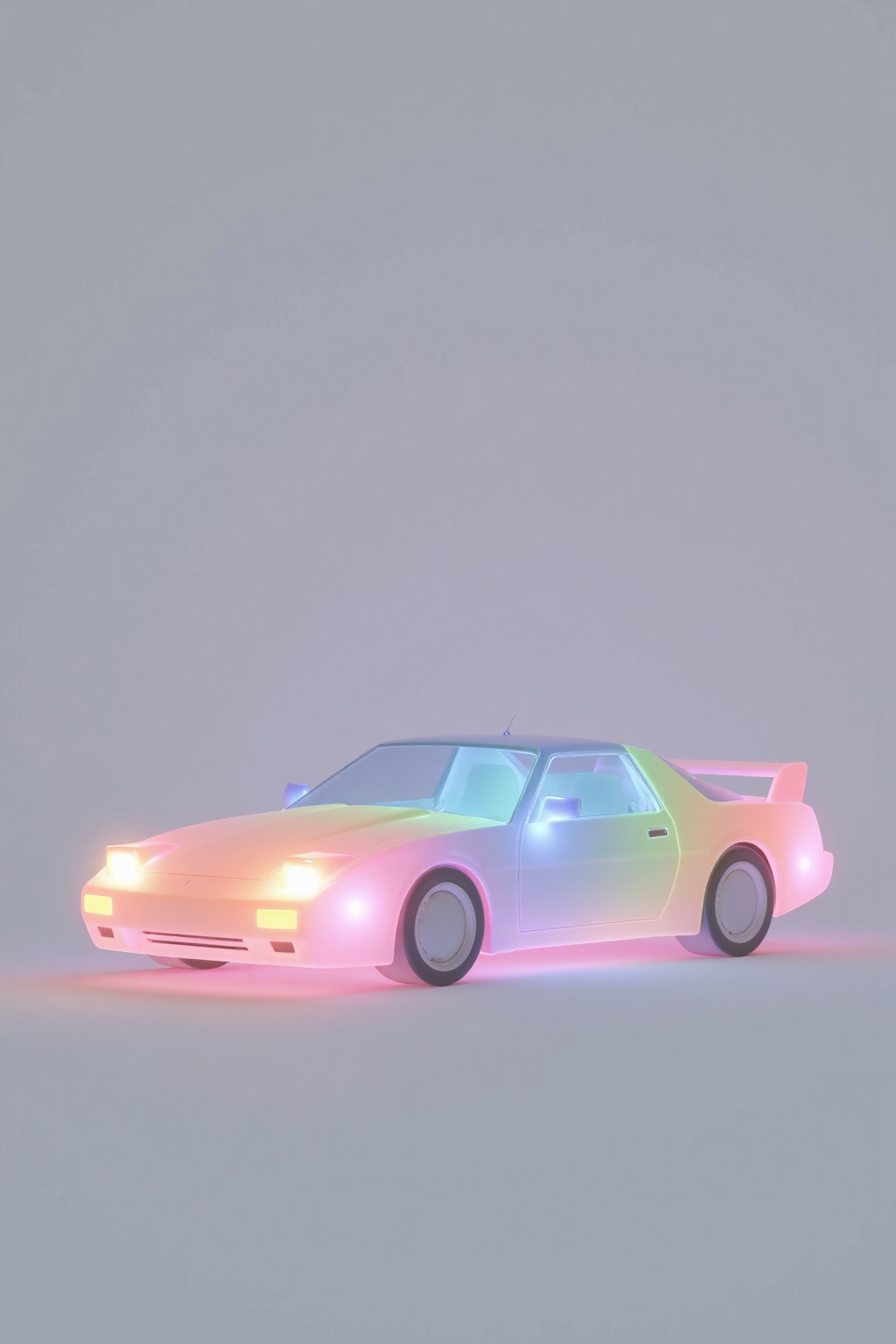 beijihui,a vibrant pink car is positioned in the center of the frame against a gray backdrop. The car's body is adorned with a rainbow of colors, including pink, blue, green, yellow, and orange. The headlights of the car are glowing, adding a pop of color to the otherwise monochromatic scene. The background is a solid gray, creating a stark contrast to the car's vibrant colors.