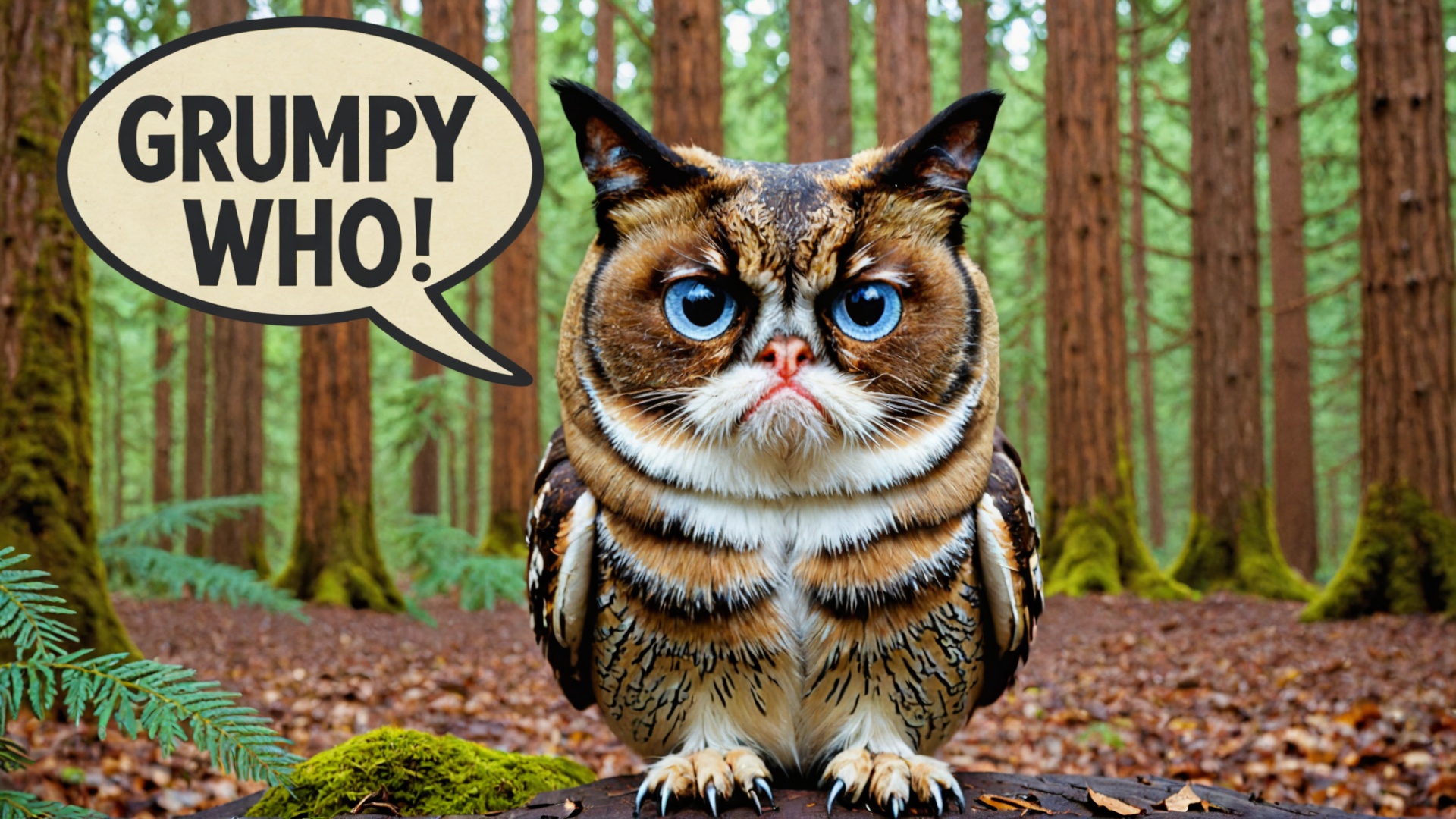 Photo of owl grumpy cat in forest with a text bubble that says "grumpy who" on Tensor.Art