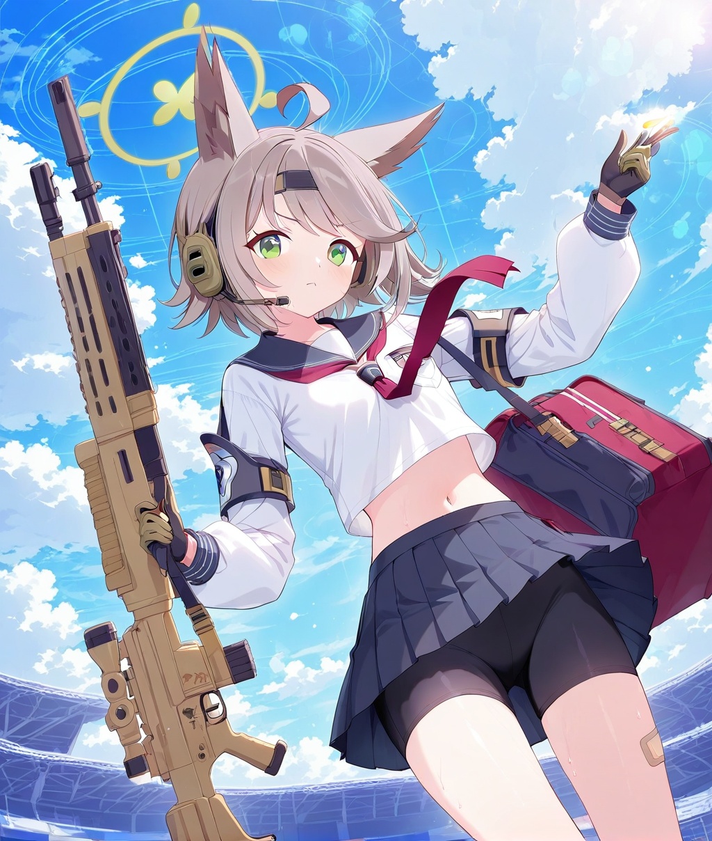 O,ultra detailed anime texture,Otogi(blue archive),Otogi(blue archive),1girl, solo, green eyes, gloves, animal ears, skirt, shorts, halo, bike shorts, grey hair, pleated skirt, school uniform, sailor collar, black shorts, holding, long sleeves, ahoge, sky, serafuku, looking at viewer, cloud, weapon, outdoors, day, navel, short hair, white shirt, blue sky, closed mouth, shirt, bangs, blue skirt, gun, red neckerchief, neckerchief, bandaid, shorts under skirt, armband, holding weapon, headset,(UHD),accurate,super detail,award winning,high quality,best quality,high details,textured skin,anatomically correct,retina,HD,16k,