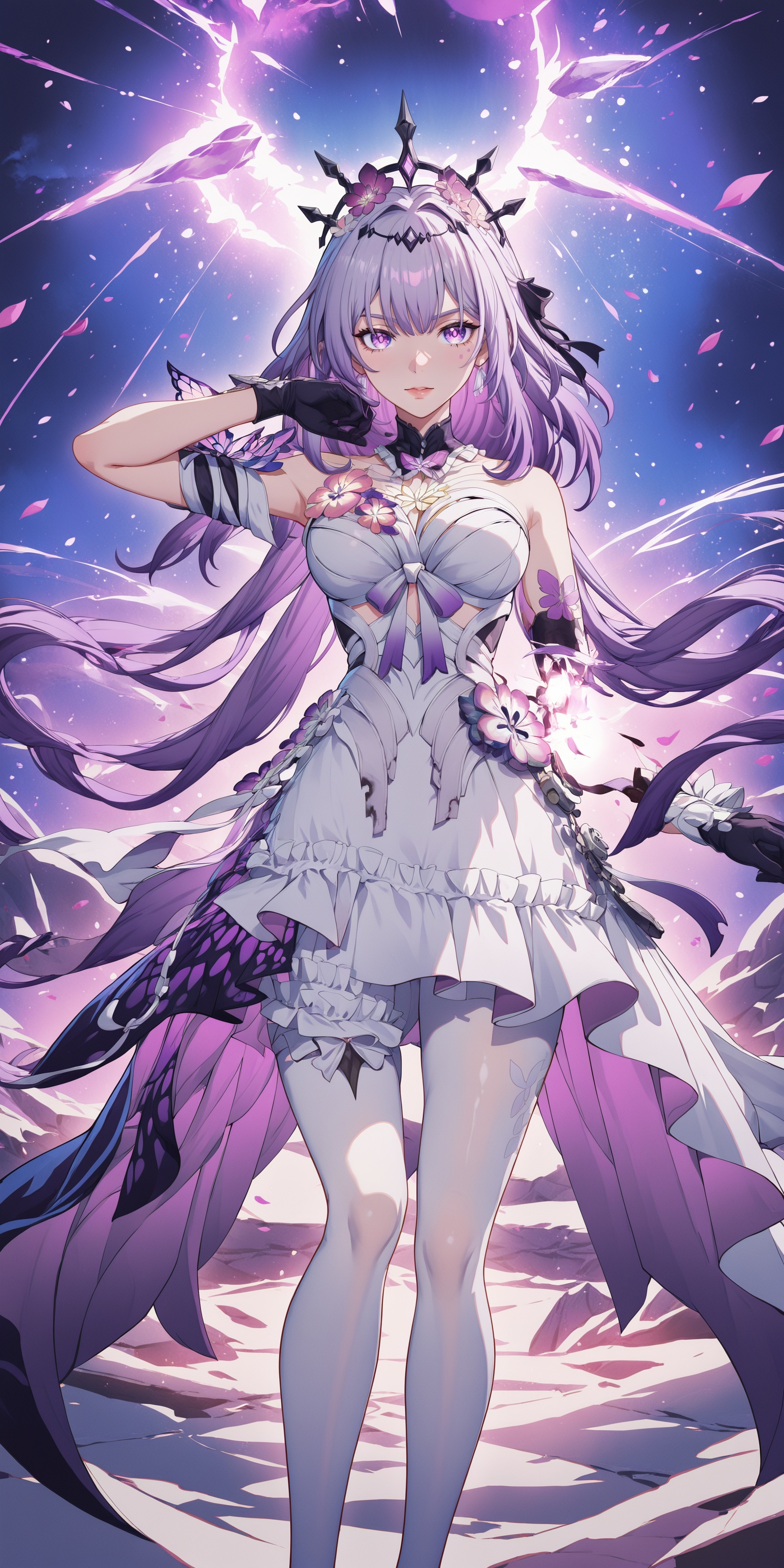 (illustration:1.1),.,.,general,.,.,1girl,<lora:Castorice-noob-Tanger:0.7>,Castorice \(honkai: star rail\),clothes: Castorice  def  white dress,black tiara,purple eyes,purple hair,bangs,black gloves,white pantyhose,, very awa, masterpiece, best quality, highres, absurdres,