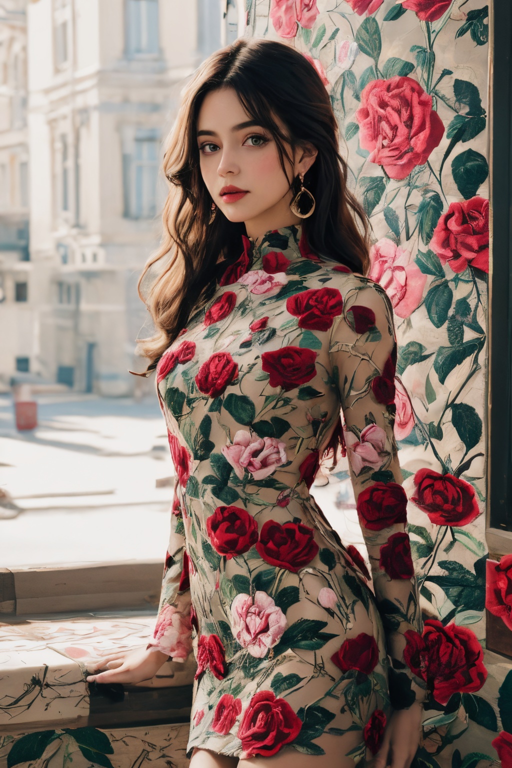 1girl,lbc_rose dress,solo,long hair,breasts,looking at viewer,blue eyes,long sleeves,cowboy shot,earrings,parted lips,incredibly absurdres,available light,<lora:0223 flower_v1:0.7>,