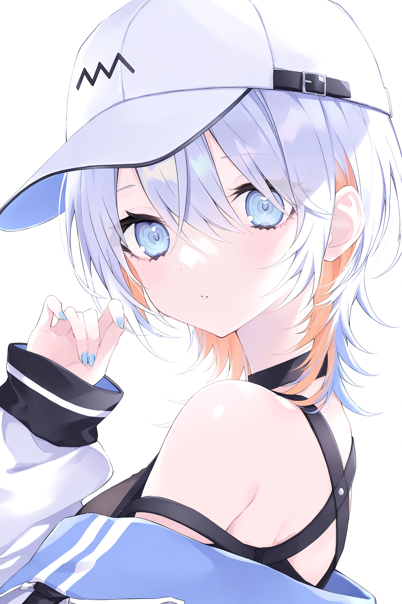 1girl,solo,white background,hat,multicolored hair,upper body,simple background,orange hair,white headwear,blue eyes,hair between eyes,bangs,blue hair,blue nails,long sleeves,heart,bare shoulders,jacket,off shoulder,colored inner hair,from side,short hair,nail polish,white hair,shirt,baseball cap<lora:n11espSi10ra画风0.1版本XL:1>,siraxlhf